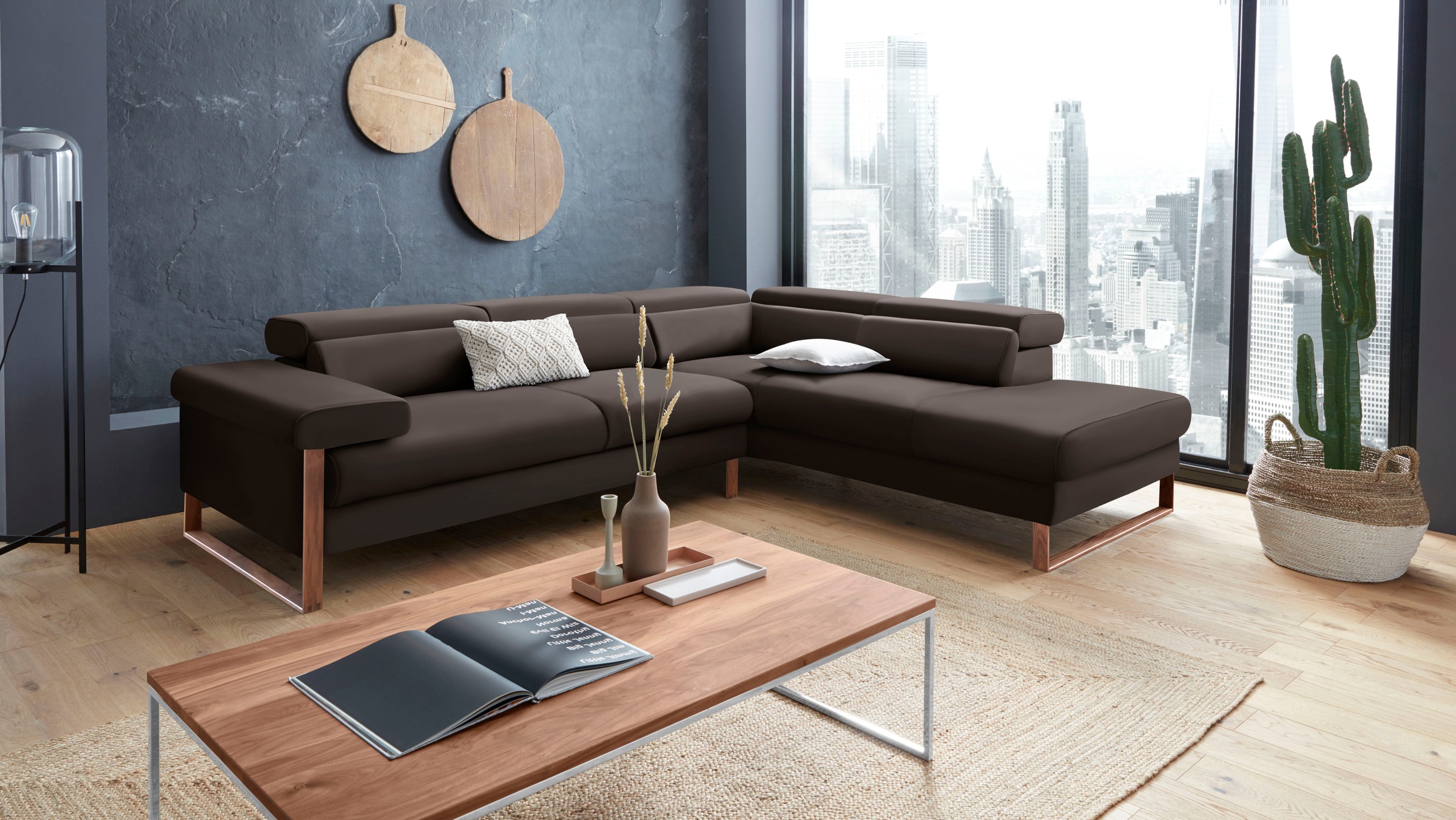 W.SCHILLIG Ecksofa »finn, Designsofa mit tollem Sitzkomfort, bequem, L-Form«, German Design Award 2016, Fußgestell Nussbaum natur, Breite 281 cm