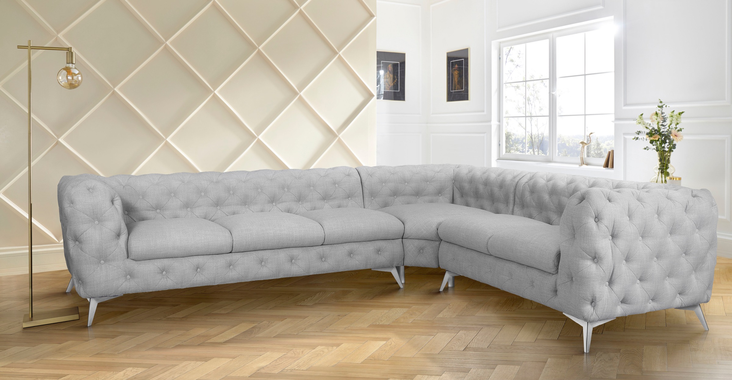 Home affaire Chesterfield-Sofa »Ecksofa GLYNIS L-Form mit Wellenunterfederung, Maße B/T/H 323/264/75cm« aufwändige Knopfheftung, moderne Chesterfield Optik, Fußfarbe wählbar