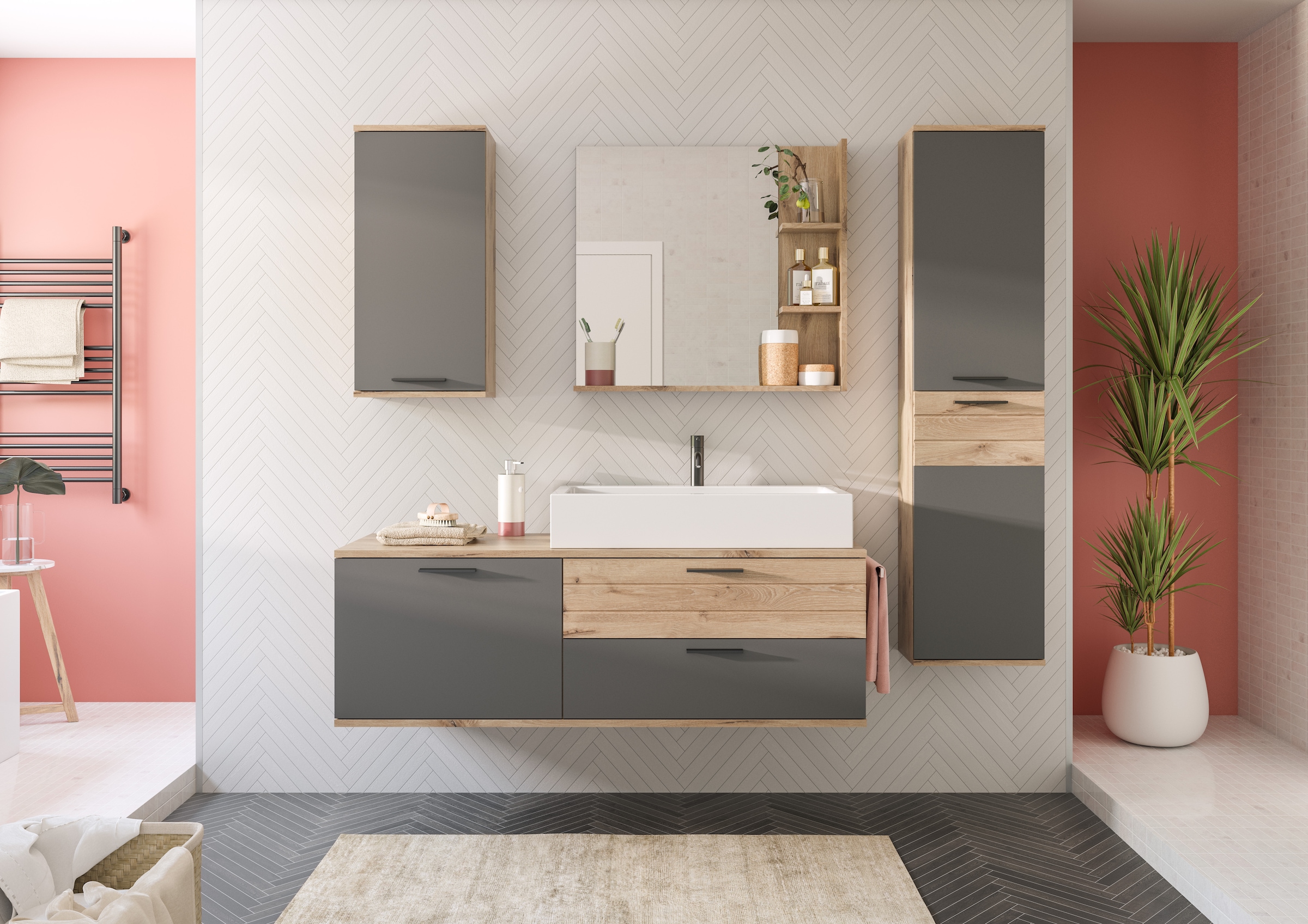 INOSIGN Badmöbel-Set »Riga, 4 teilig, inklusive Keramik-Aufsatzwaschbecken, bestehend aus:«, (Set, 4 St.), Waschtisch-Set, Hängeschrank, Badspiegel, Midischrank