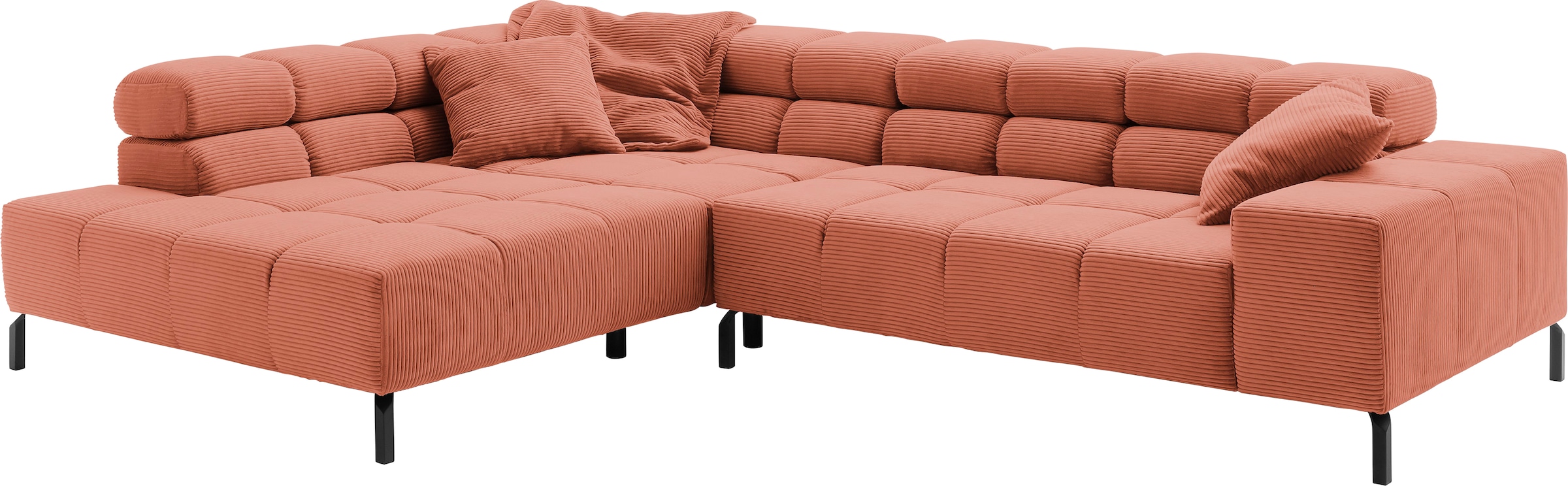 INOSIGN Ecksofa »Ancona New, wahlweise motorische Sitztiefenverstellung, auch in Cord«, feine Steppung, mit Kopfteilverstellung, 3 Zierkissen, L-Form