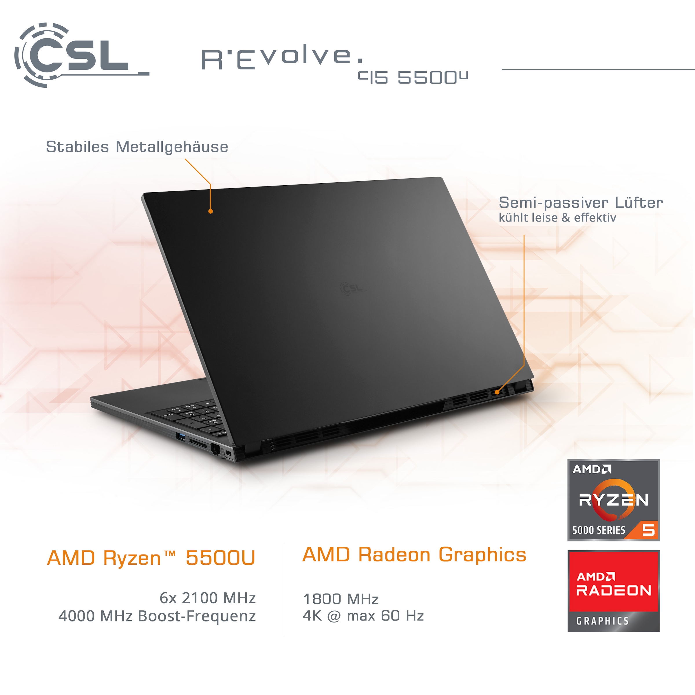 CSL Notebook »R'Evolve C15 5500U/16GB/4000GB/Windows 11 Home«, 39,6 cm, / 15,6 Zoll, AMD, Ryzen 5, Radeon Graphics, 4000 GB SSD