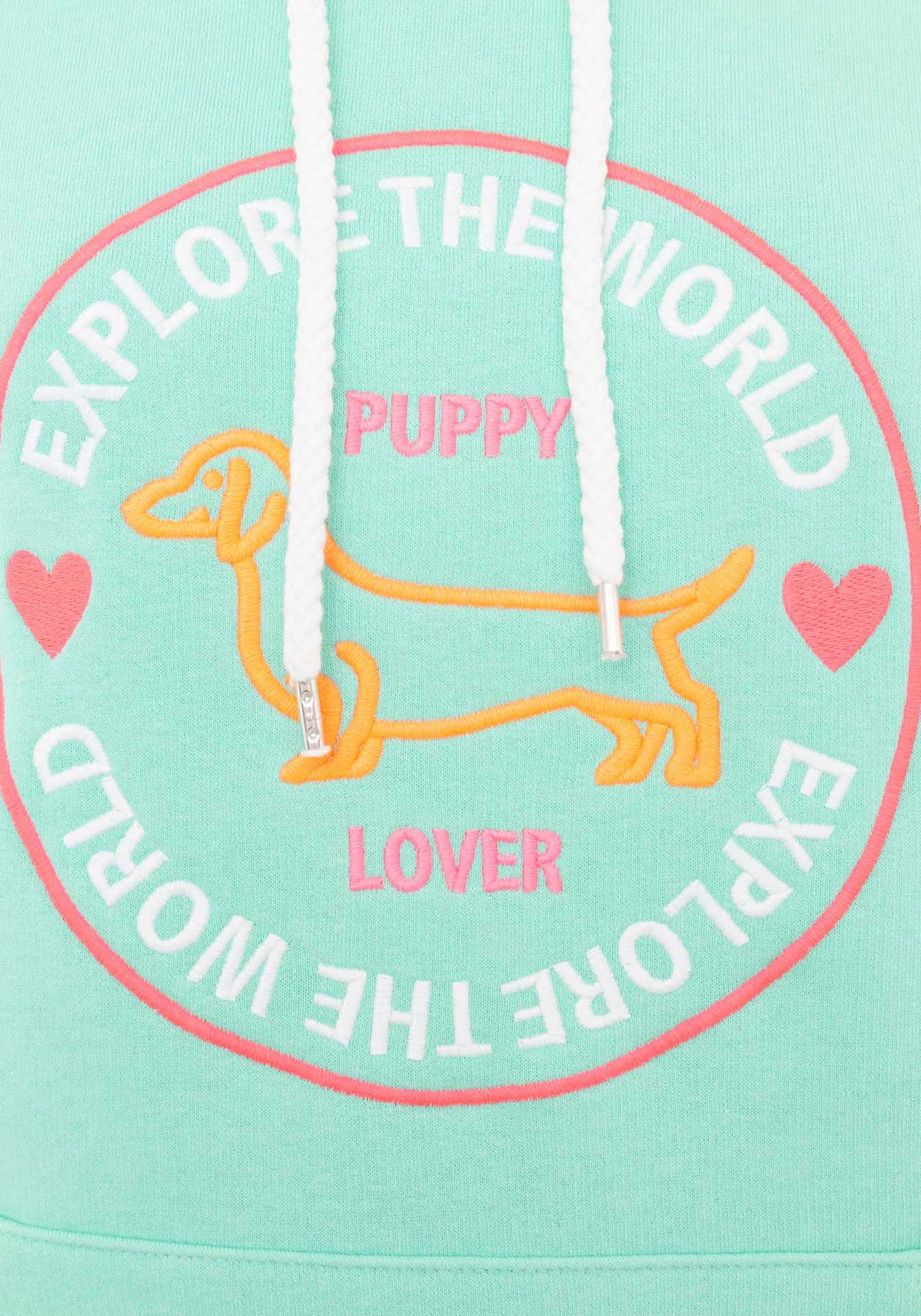 Zwillingsherz Hoodie »"Explore the World"«, mit "Puppy Lover" Aufschrift und aufgestickten Hundemotiv mit Herzen