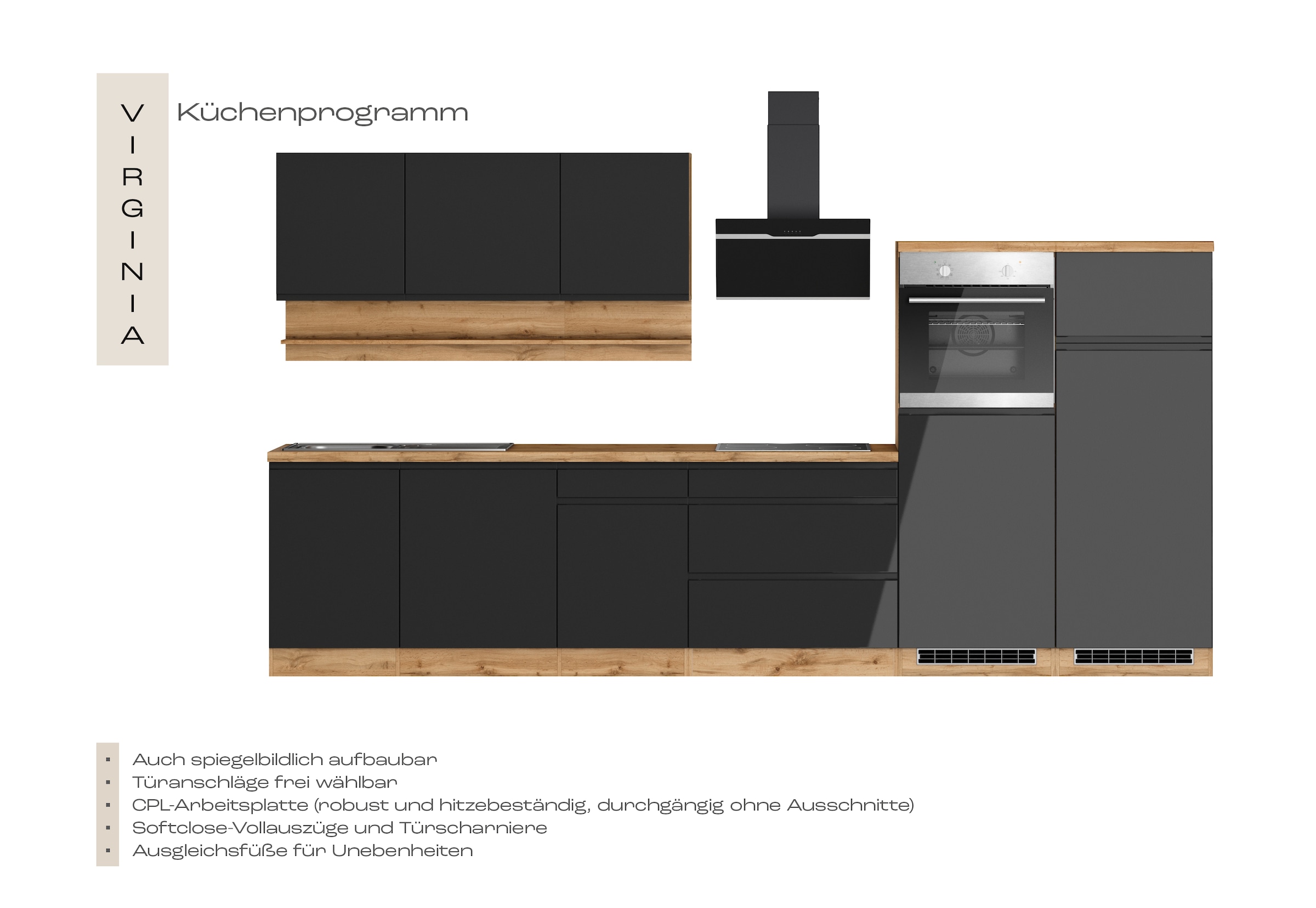 KOCHSTATION Küchenzeile »KS-Virginia,neu in verbesserter Ausführung« Arbeitsplatte 38 mm stark, Stauraum, Softclose,  Breite 360 cm, Softclose, wahlweise mit E-Geräten und Induktion
