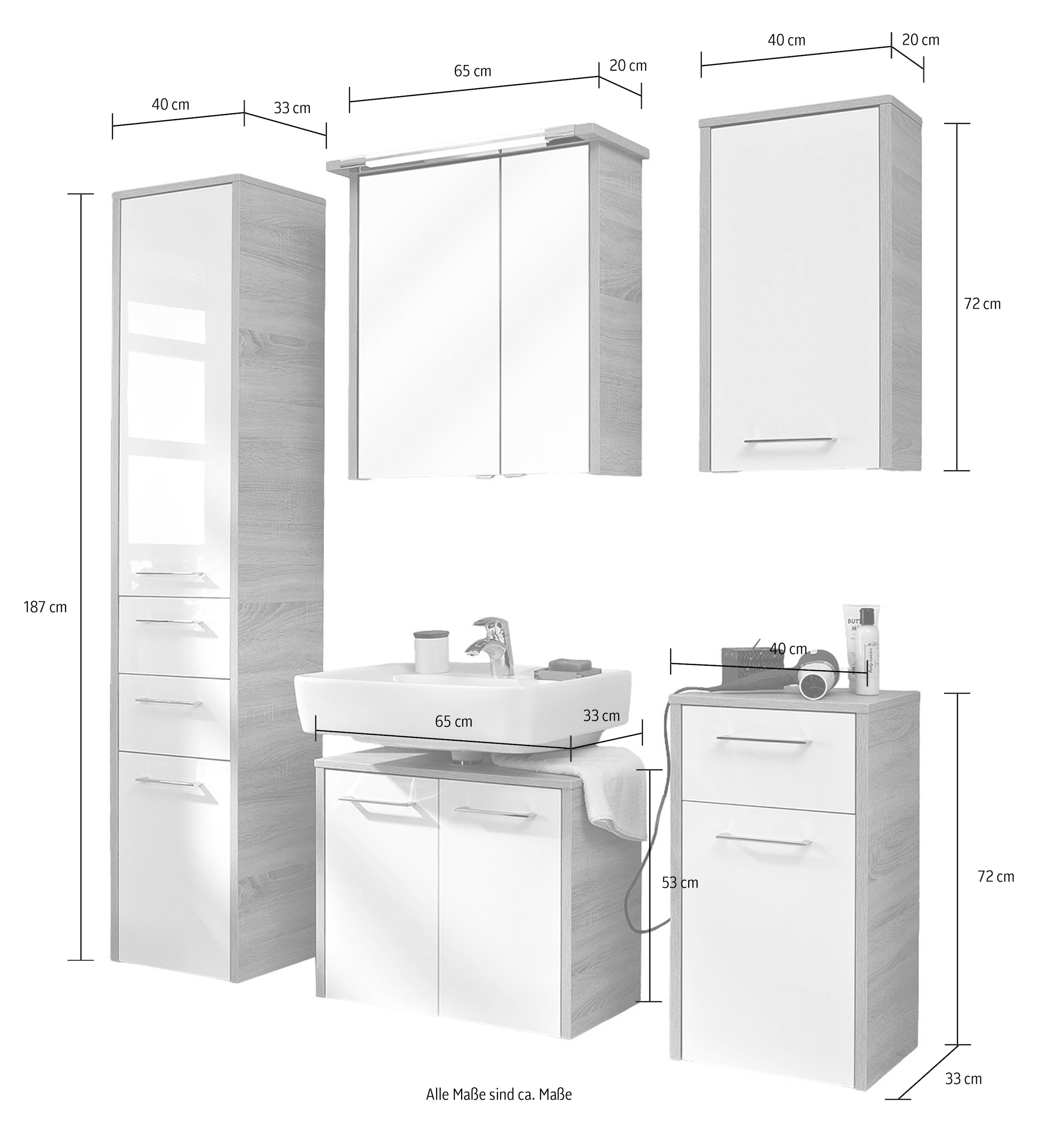 Saphir Badmöbel-Set »Quickset 382 5-teilig, Waschbeckenunterschrank mit LED-Spiegelschrank«, (5 St.), Hochschrank, Unterschrank, Hängeschrank, inkl. Türdämpfer, 8 Türen