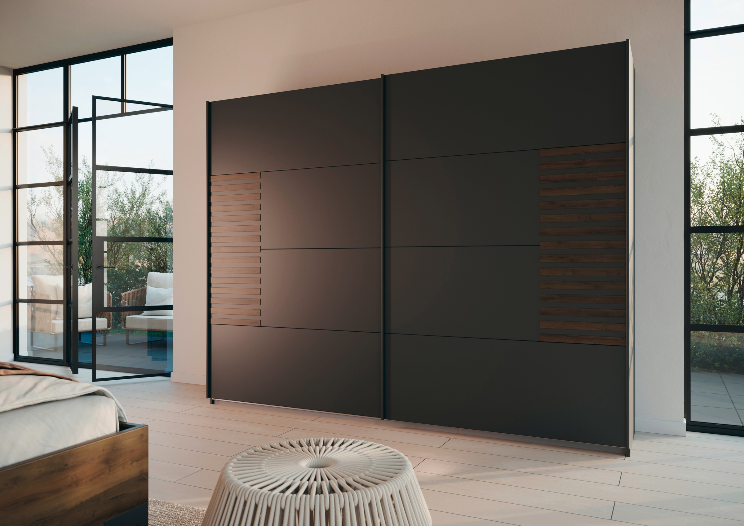 rauch Schwebetürenschrank »Kleiderschrank Schrank Garderobe Schlafzimmerschrank BAREA«, Front mit Auflage in moderner Lamellen-Optik MADE IN GERMANY