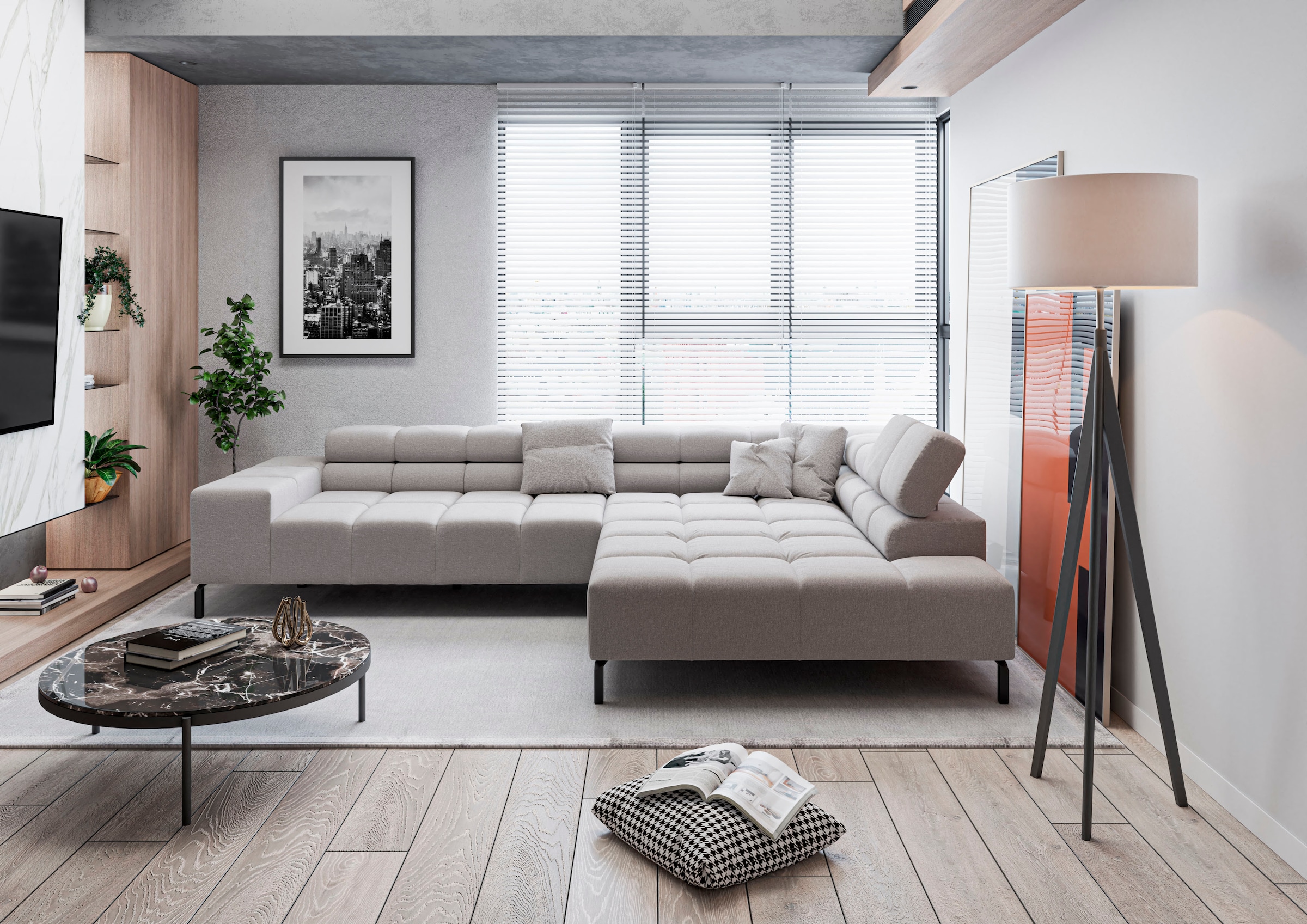 INOSIGN Ecksofa »Ancona New, wahlweise motorische Sitztiefenverstellung, auch in Cord«, feine Steppung, mit Kopfteilverstellung, 3 Zierkissen, L-Form