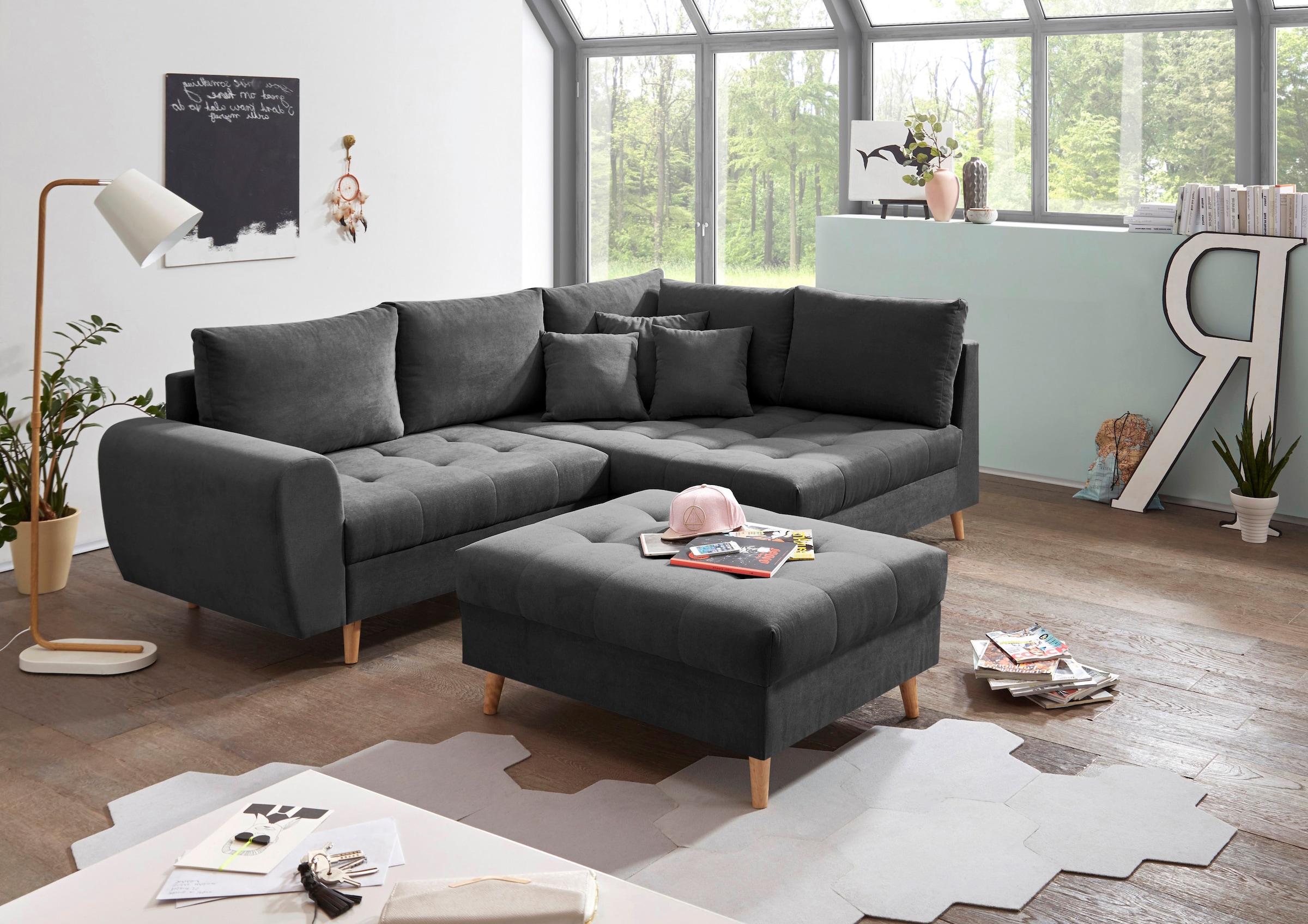 ED EXCITING DESIGN Ecksofa »Alice L-Form« mit Hocker & 3 Zierkissen günstig online kaufen