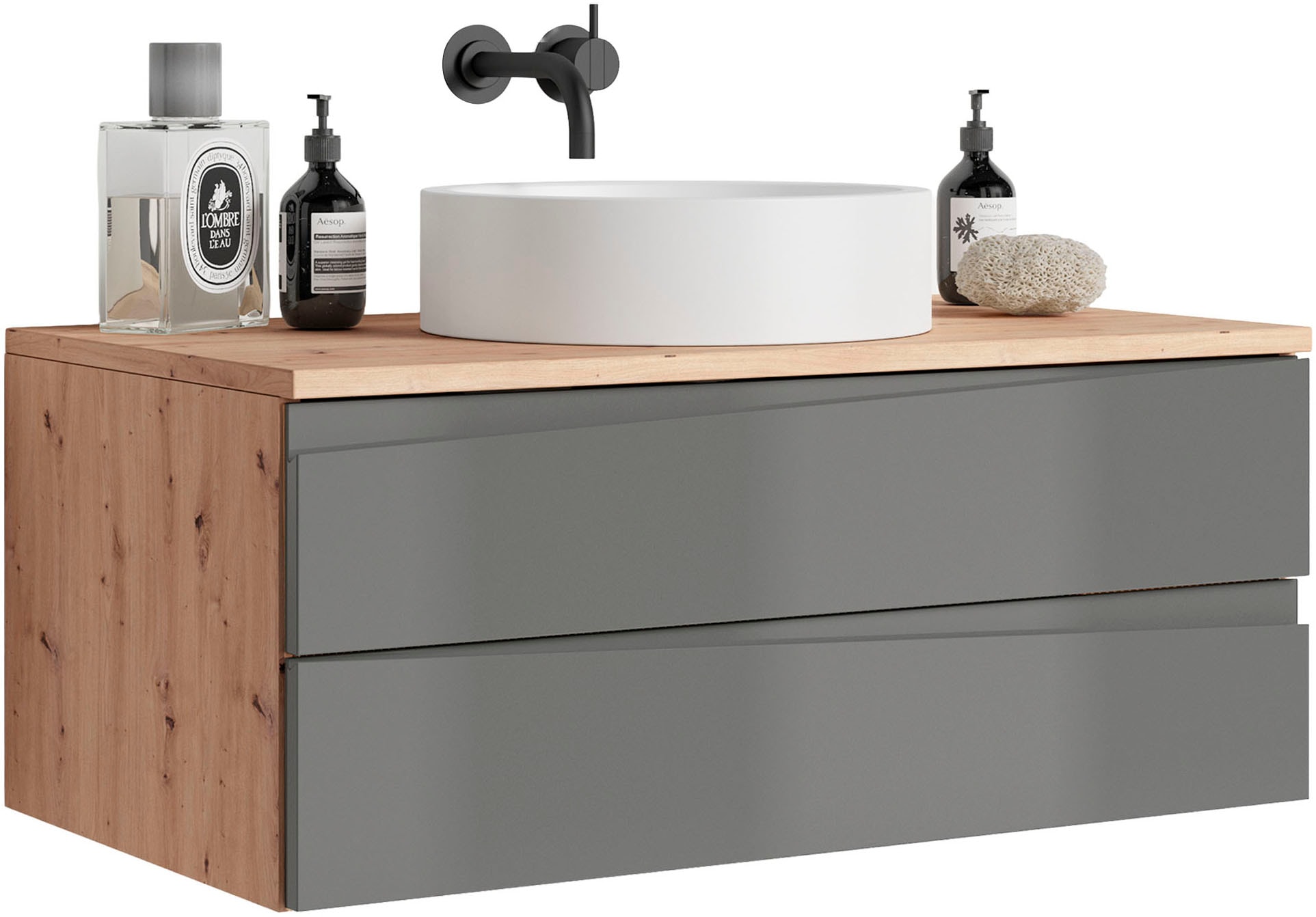 byLIVING Waschbeckenschrank »Shape«, (1 St.), für Aufsatzbecken mit asymetrischer Hochglanz Front, 2 Schubkästen