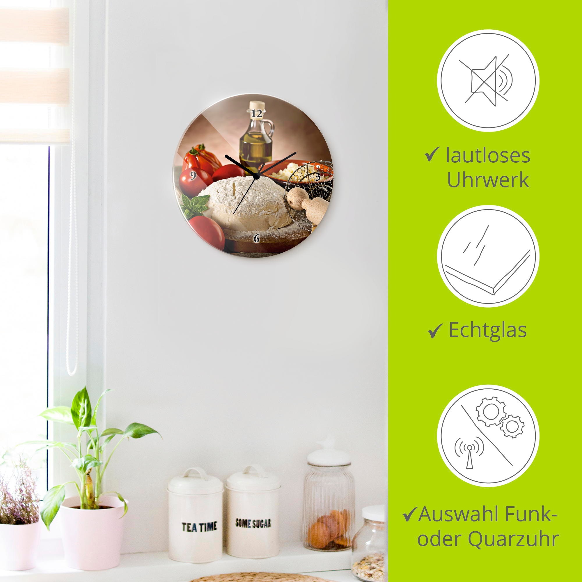 Artland Wanduhr »Teig für Pizza« wahlweise mit Quarz- oder Funkuhrwerk, lautlos ohne Tickgeräusche