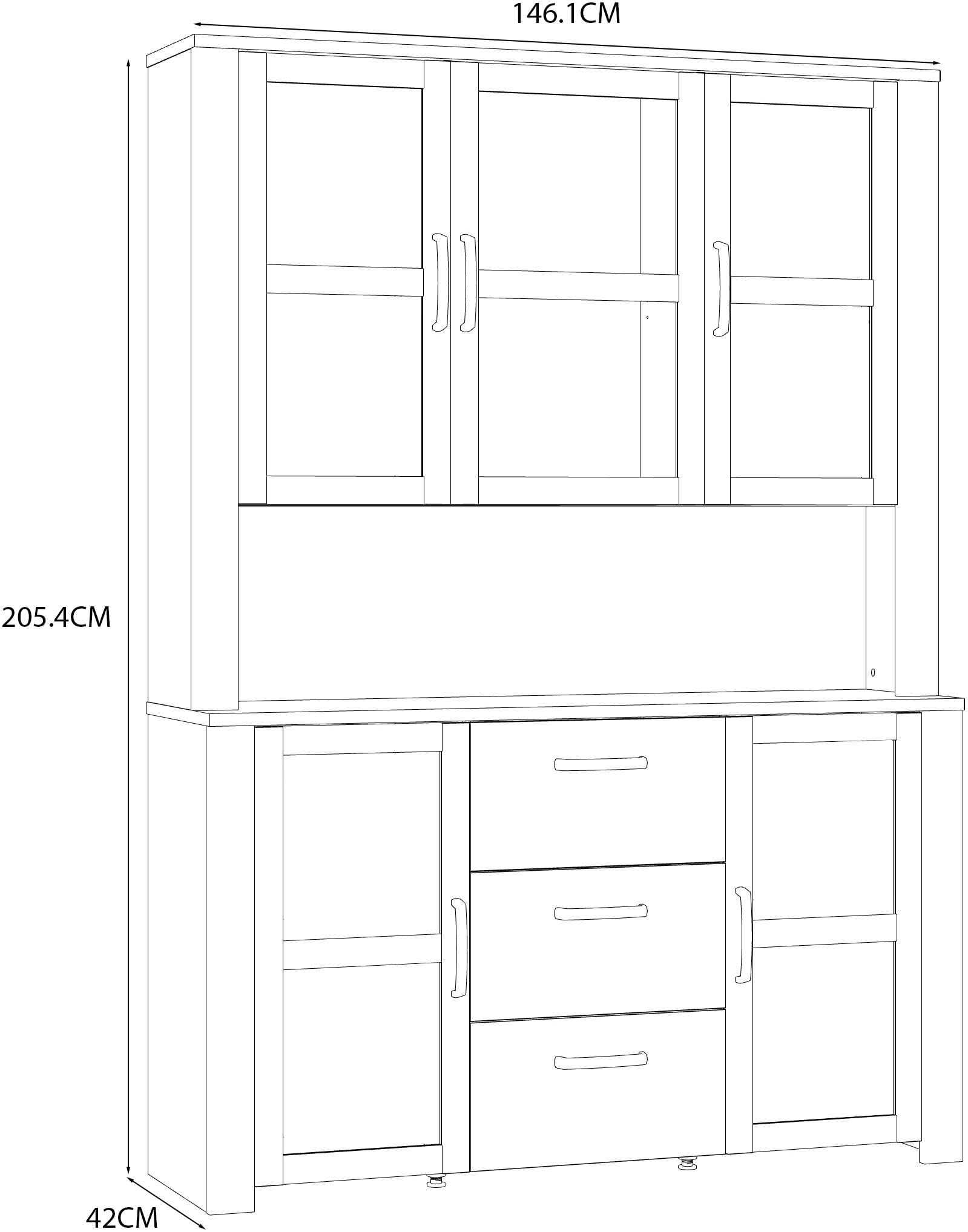 FORTE Buffet »Bohol, großes Highboard,4Türen, 1 Glastüre, 3 Schubkästen« B/H/T 146,1/205,4/42 cm, sehr viel Stauraum