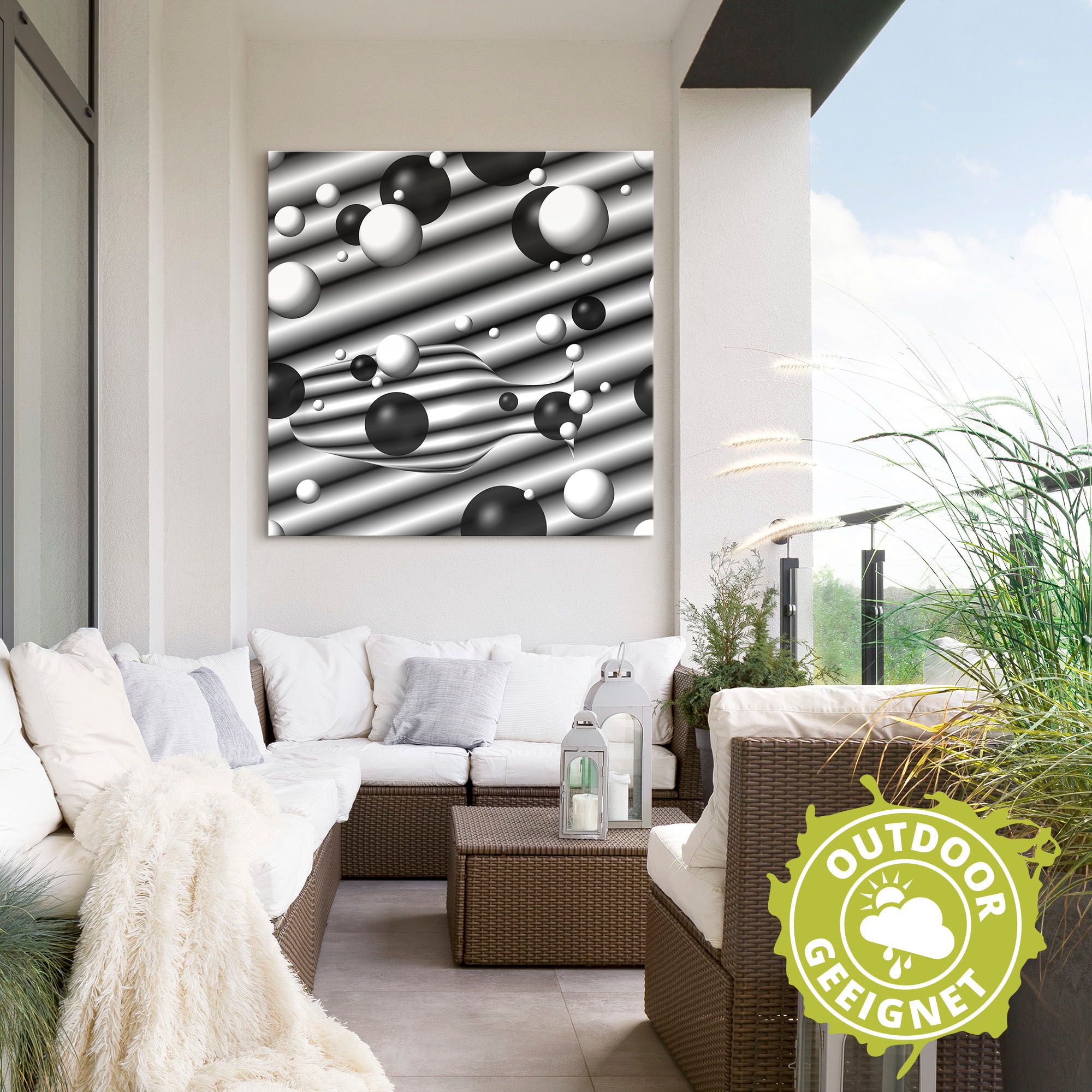 Artland Alu-Dibond-Druck »Bälle und Karaffe monochrom«, Muster, (1 St.), für Innen- und Außenbereich geeignet, Outdoorbild