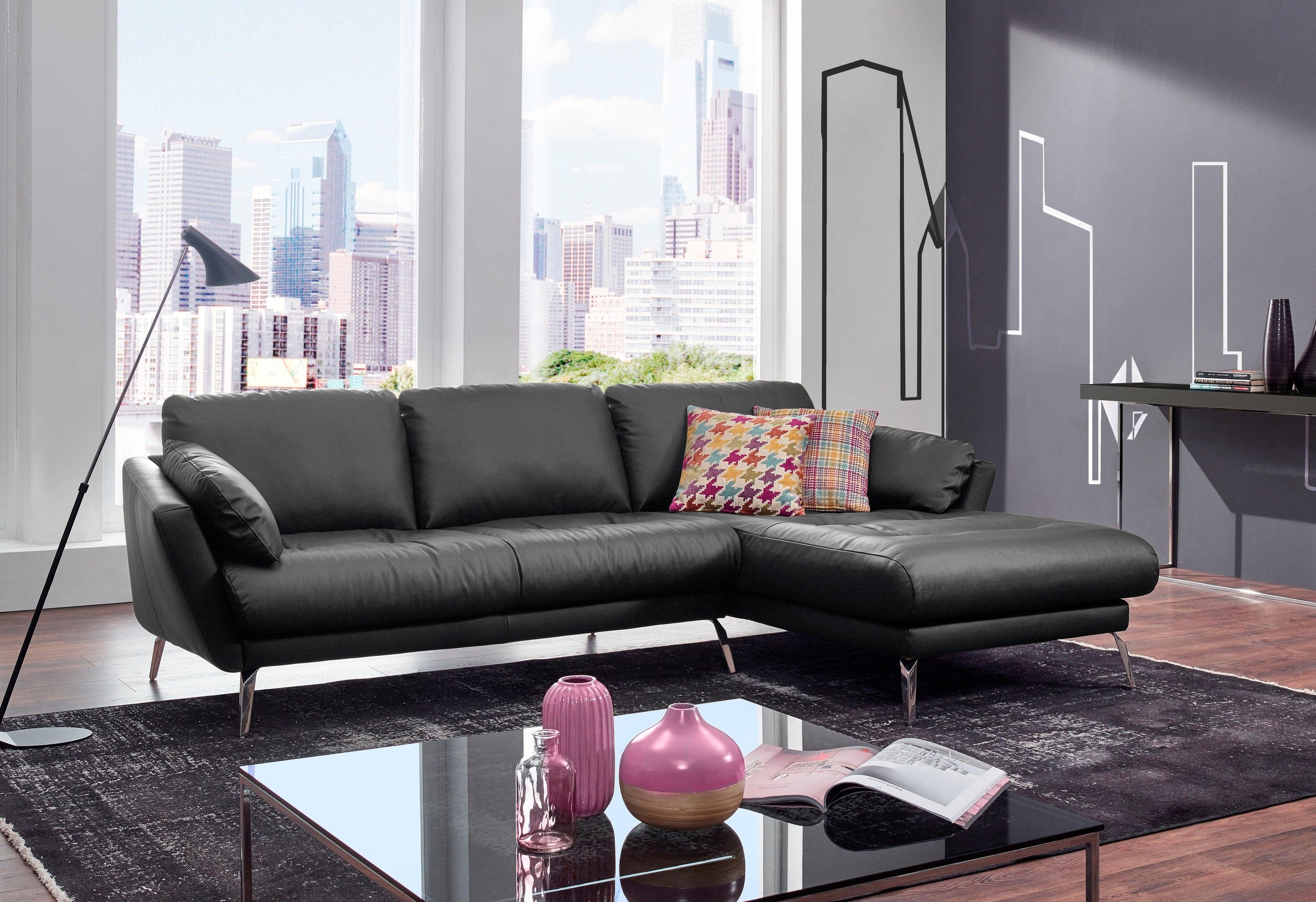 W.SCHILLIG Ecksofa »softy, Designsofa, zeitlos und elegant, hoher Sitzkomfort, L-Form«, mit dekorativer Heftung im Sitz, Füße Chrom glänzend