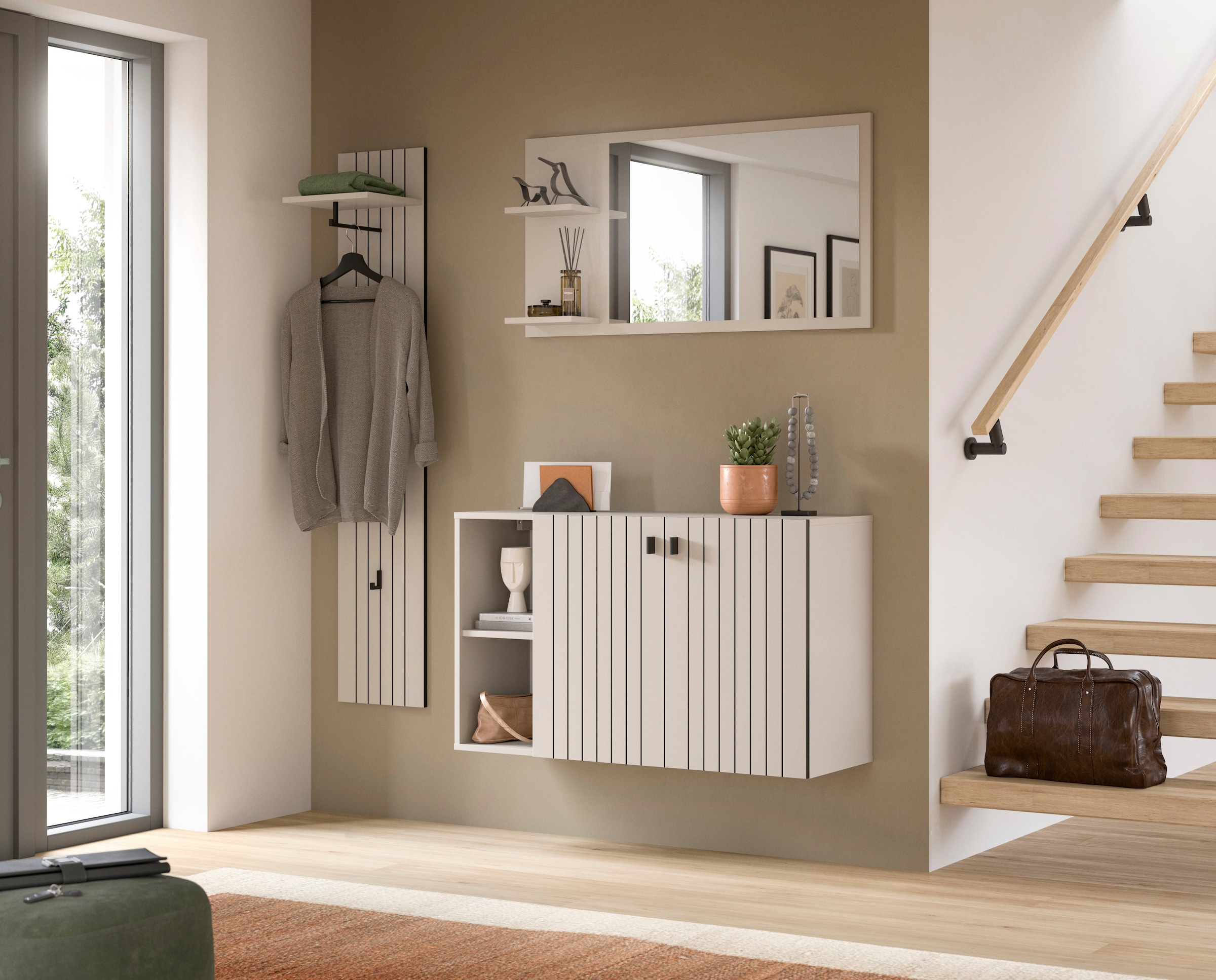 INOSIGN Garderoben-Set »TATIO, 3-tlg. Garderobenkombination, Breite: 152 cm Rillenfräsung« Set, Set, best. aus: 1 Spiegel, 1 Garderobenpaneel, 1 Schuhkommode, 3 Stk. tlg.