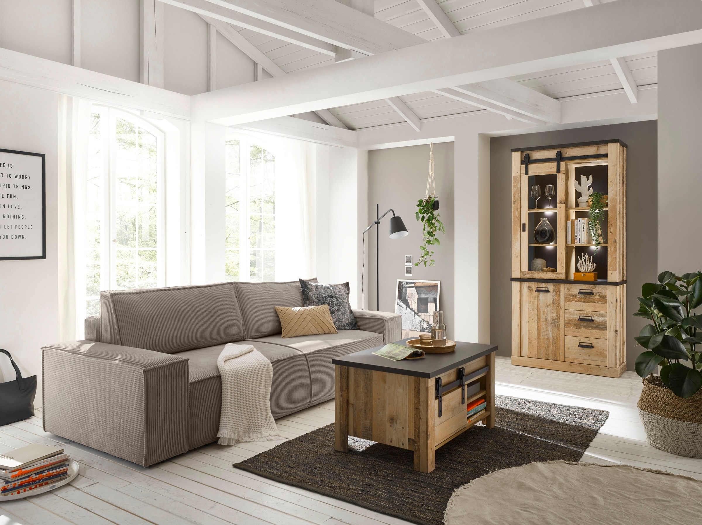 Home affaire 3-Sitzer »SHERWOOD Schlafsofa (257cm) Cord, Samtvelours, Vintage-Lederoptik«, Schlaffunktion mit Bettkasten (ca. 136/200cm)