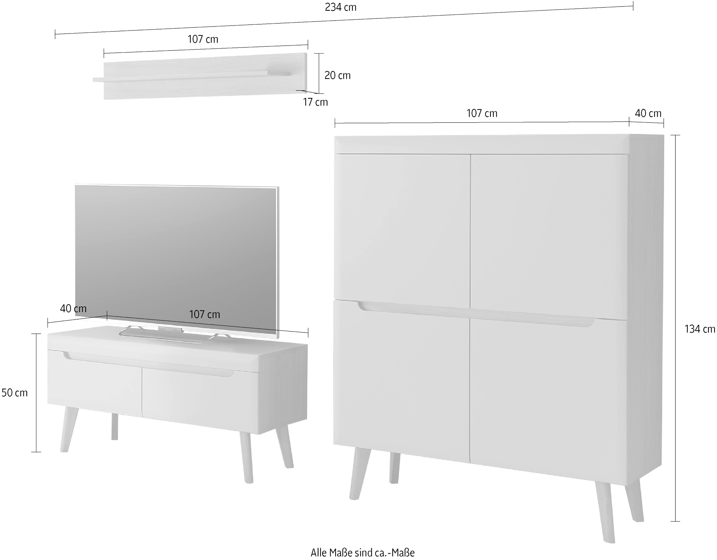 INOSIGN Wohnwand »Torge, Anbauwand, Schrankwand, Mediawand, Wohnzimmer-Set«, (3 St.), enthält 1 Lowboard, 1 Highboard, 1 Wandboard, 234 cm breit