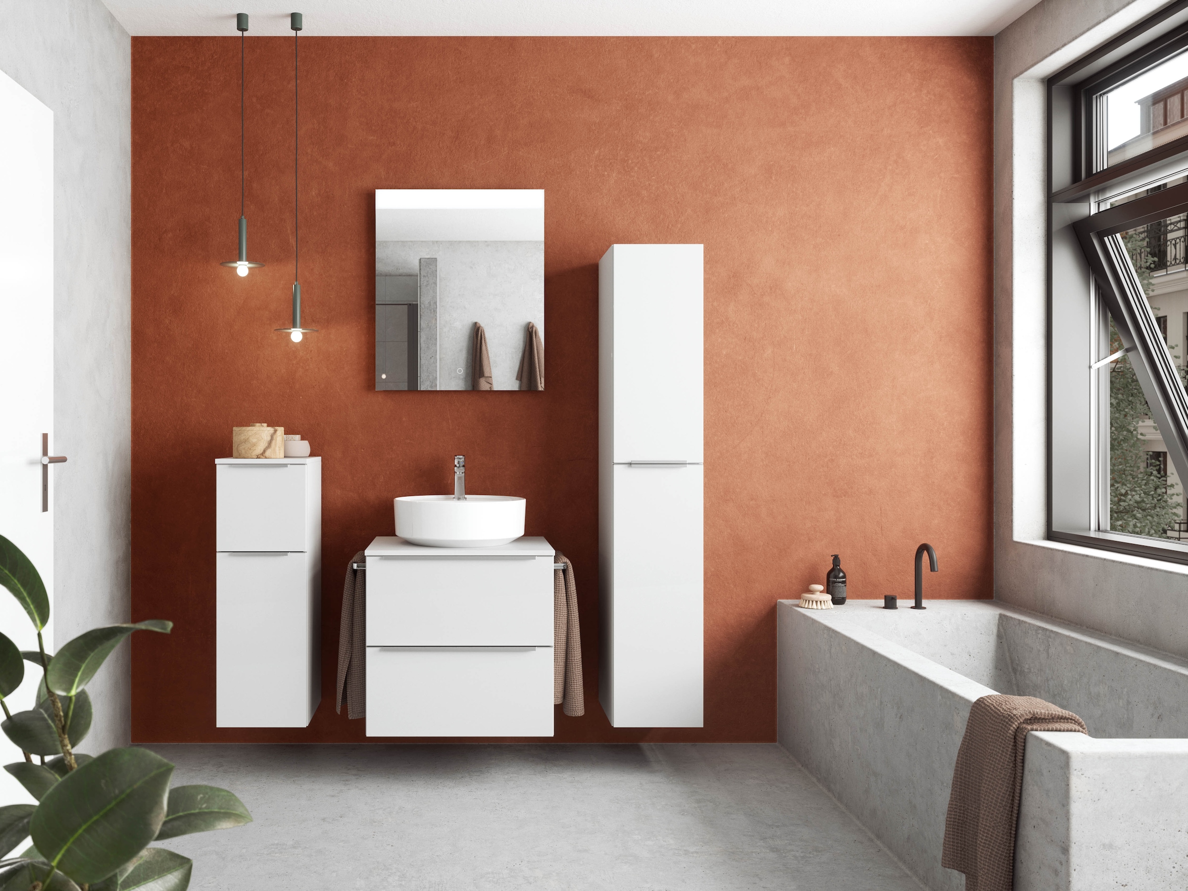 nobilia® Badmöbel-Set »Alvene«, (4 St., vormontiert, mit Soft-Close), Hochglanz, inkl. Spiegel mit Touch-Sensor, in vier Breiten