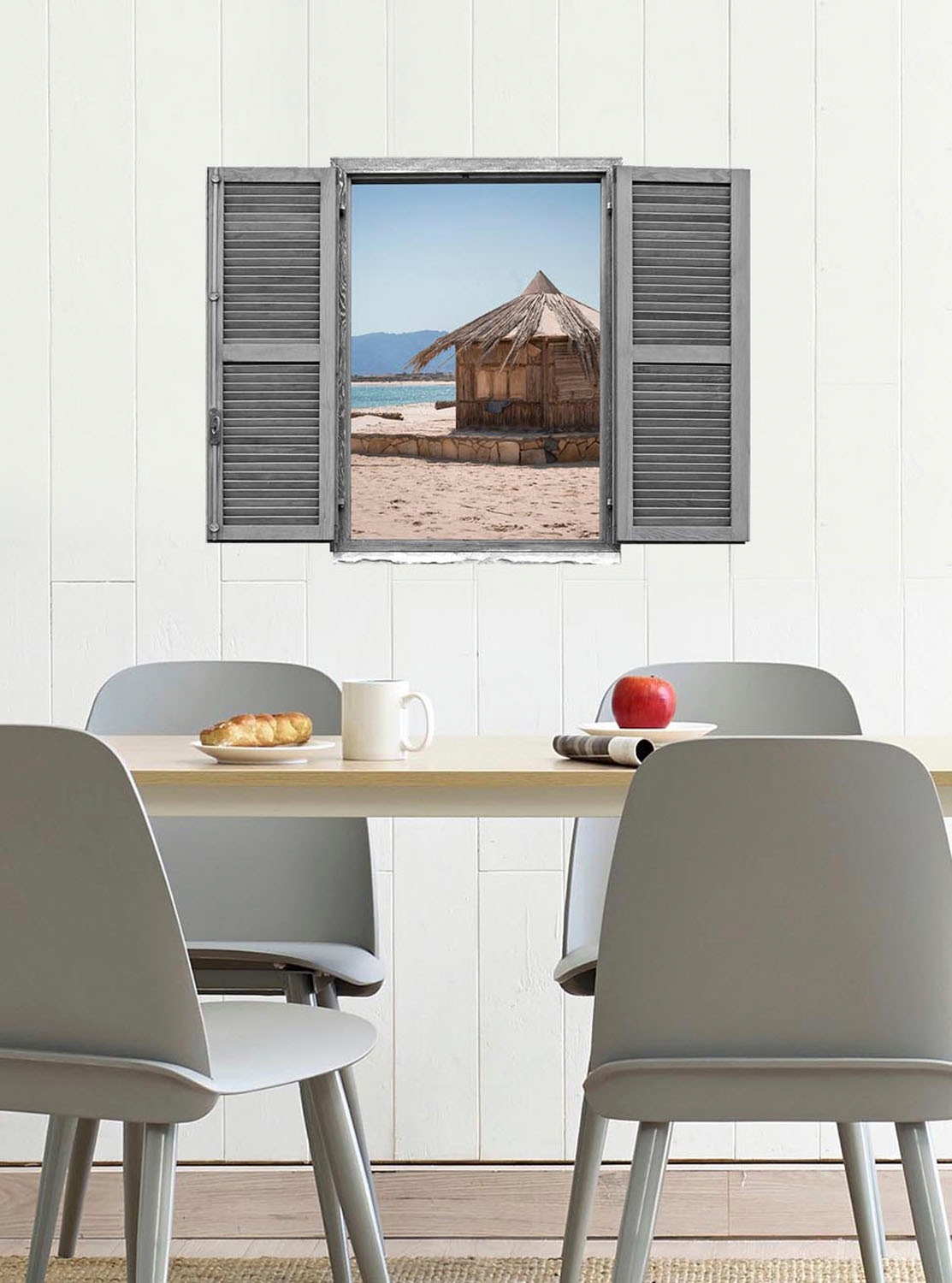 queence Wandtattoo »Hütte am Meer«, (1 St.), Wandsticker, Wandbild, selbstklebend, 3D, Fenster