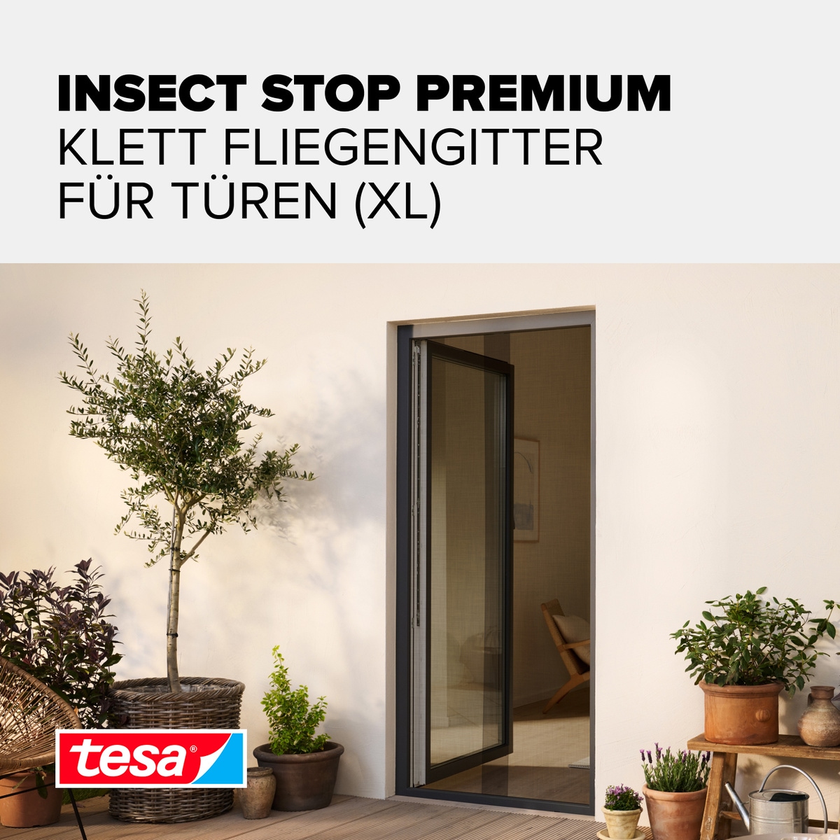 tesa Insektenschutz-Tür »Klett Fliegengitter Premium für Türen - ohne Bohren« Packung, Fliegennetz, Klettband, 1 Stk. tlg. selbstklebende Insektenschutz - (2 x 65cm )120cm x 250cm