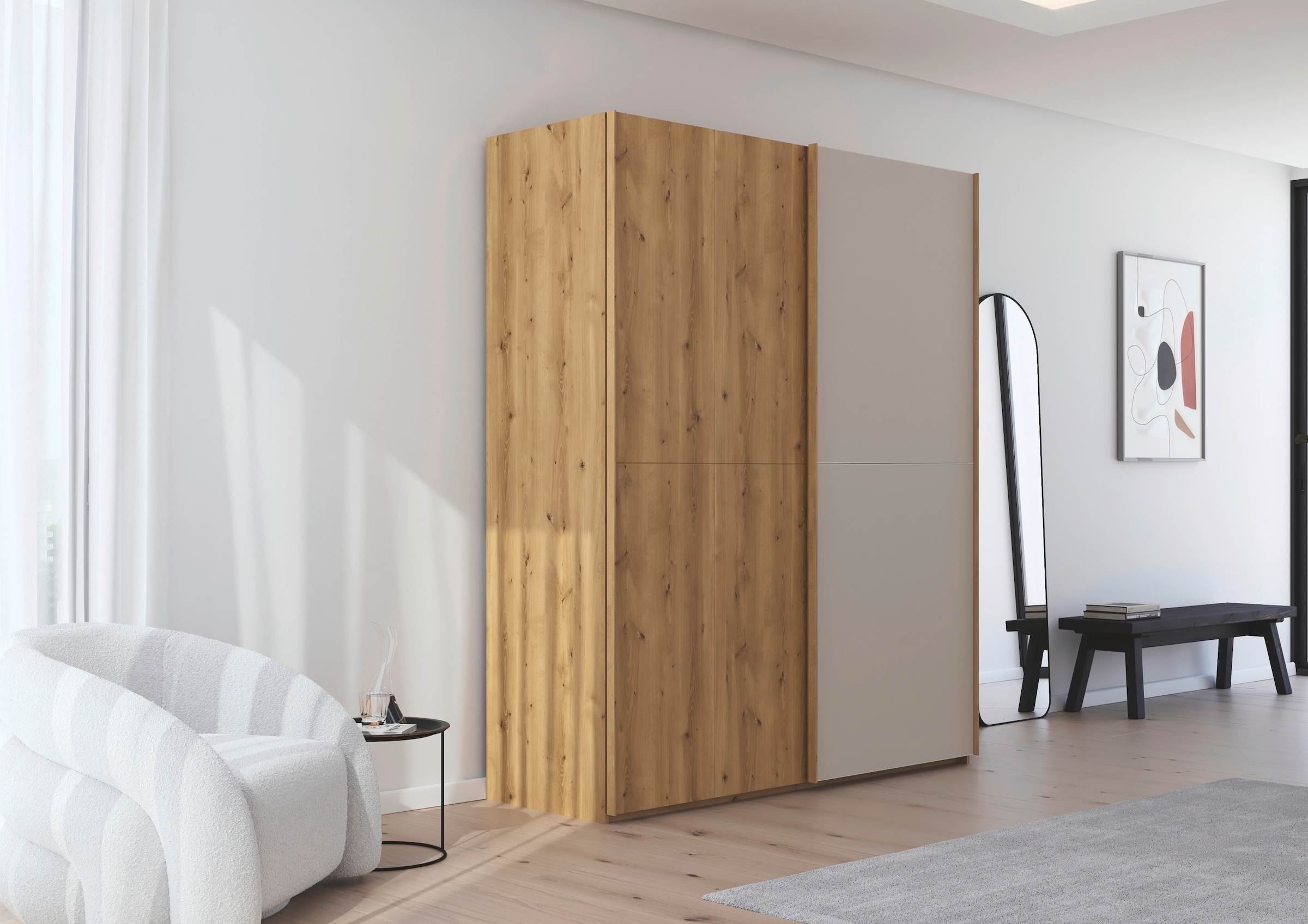 rauch Schwebetürenschrank »Kleiderschrank Schrank Garderobe Schlafzimmerschrank SCALE-WOOD«, edle geteilte Front in massiver Asteiche mit Glastüren MADE IN GERMANY
