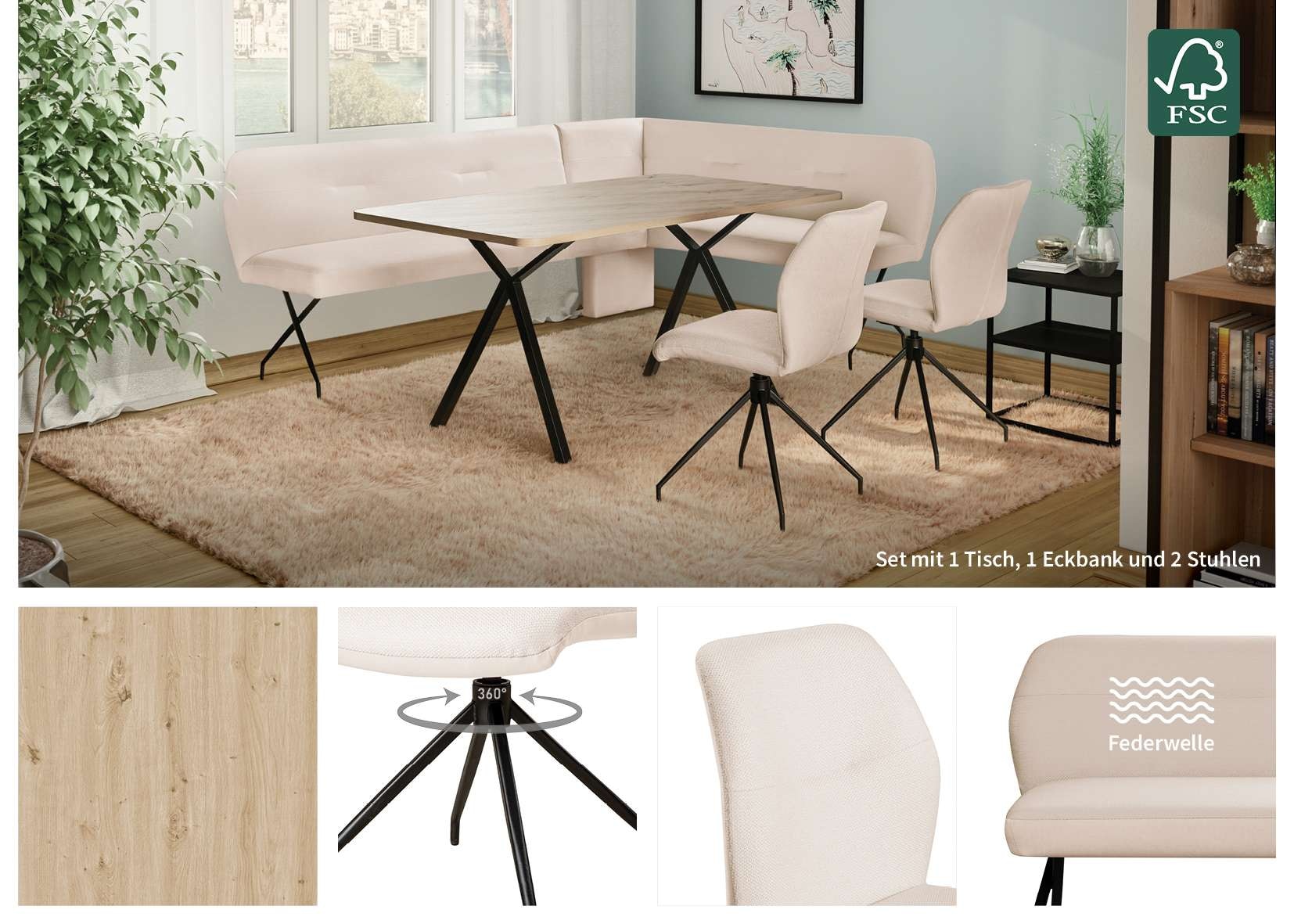 OTTO home Eckbankgruppe »Bruna Essecke, Sitzgruppe, Eckbankgruppe, Küchenbankgruppe« Set, 4tlg, 4 tlg. tlg. Stuhl: 360° drehbar (Rückst.), 2-Stoff-Design. Wellenfederung Eckbank