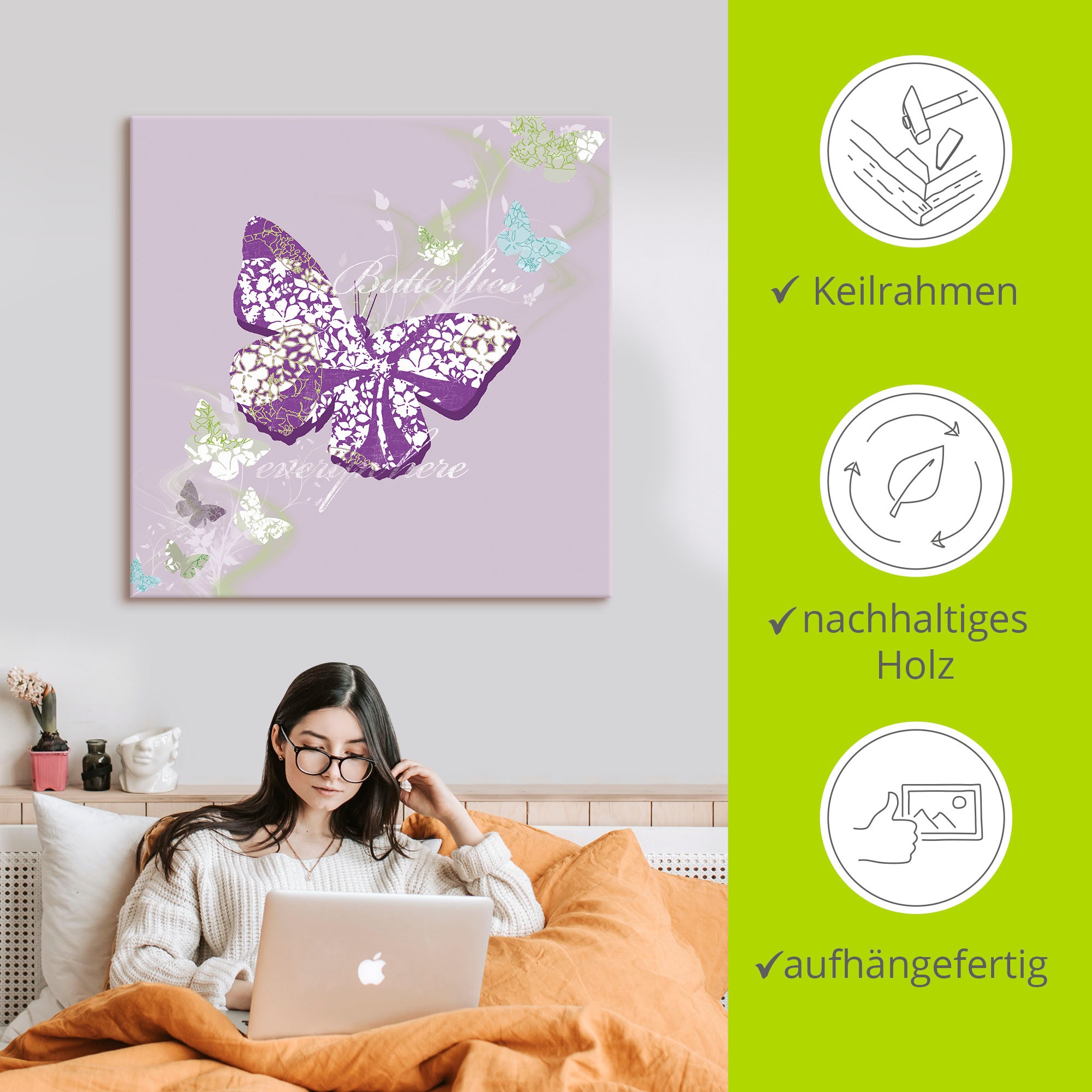 Artland Leinwandbild »Schmetterlinge in violett«, Insekten, (1 St.), auf Keilrahmen gespannt