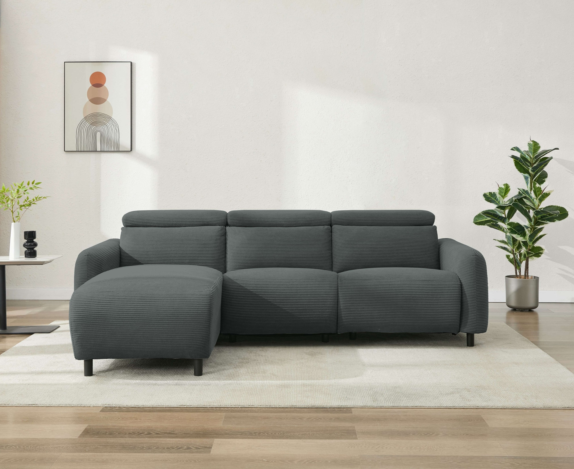 Home affaire Ecksofa »SKAANE in Cord, L-Form, 274 cm, manuelle u. elektrische Funktion,«, rundes Design, Kopfteilverstellung, Federkernpolsterung