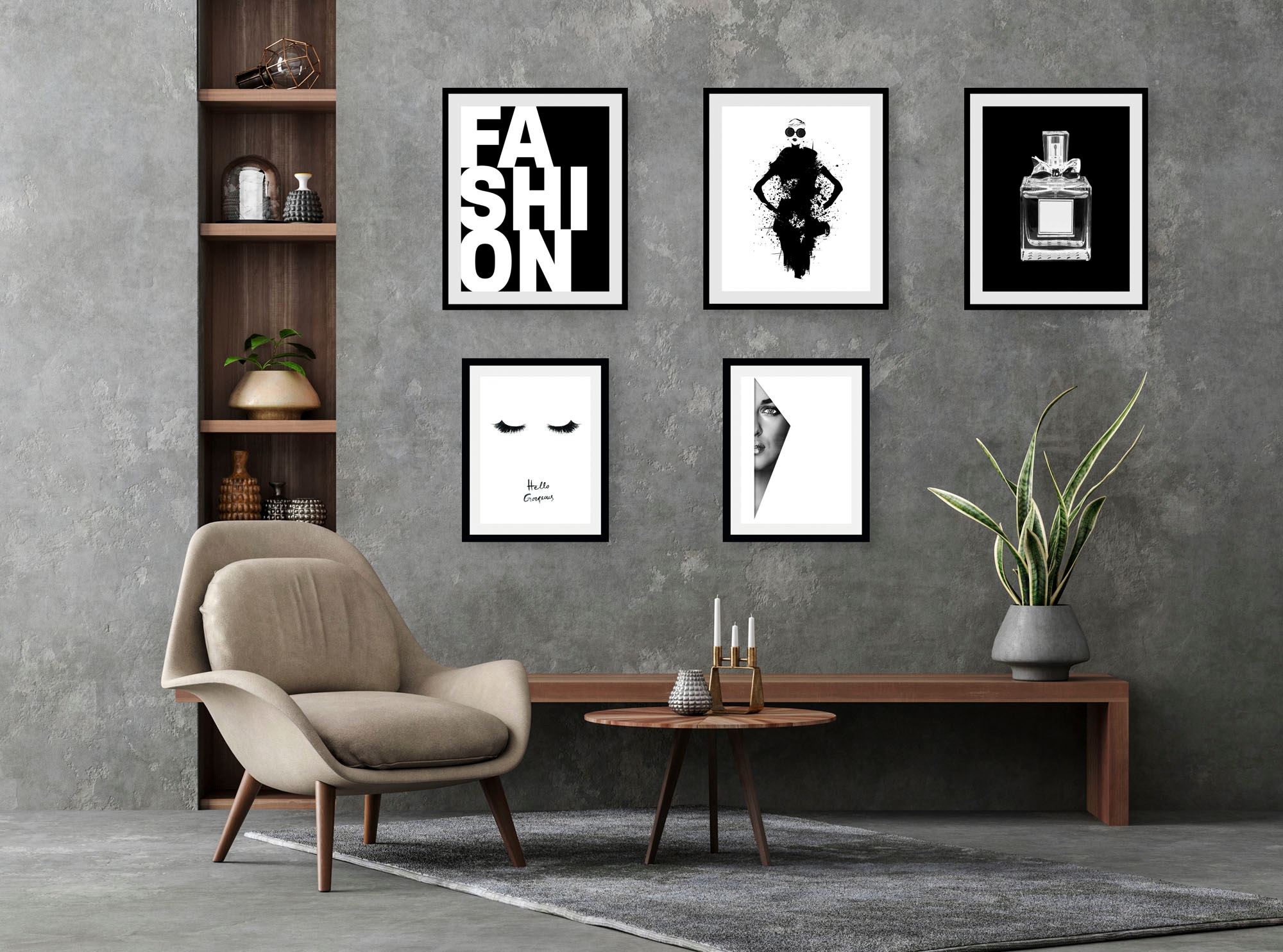 queence Bild »Modeskizzen«, Abstrakt-Schwarz-Weiß-Fashion-Mode-Magazincover-Frau-Bilder von Frauen-Schriftzug-Sprüche & Texte, (5 St.), HD Premium Poster-Druck inkl. Holzrahmen - 5er Set