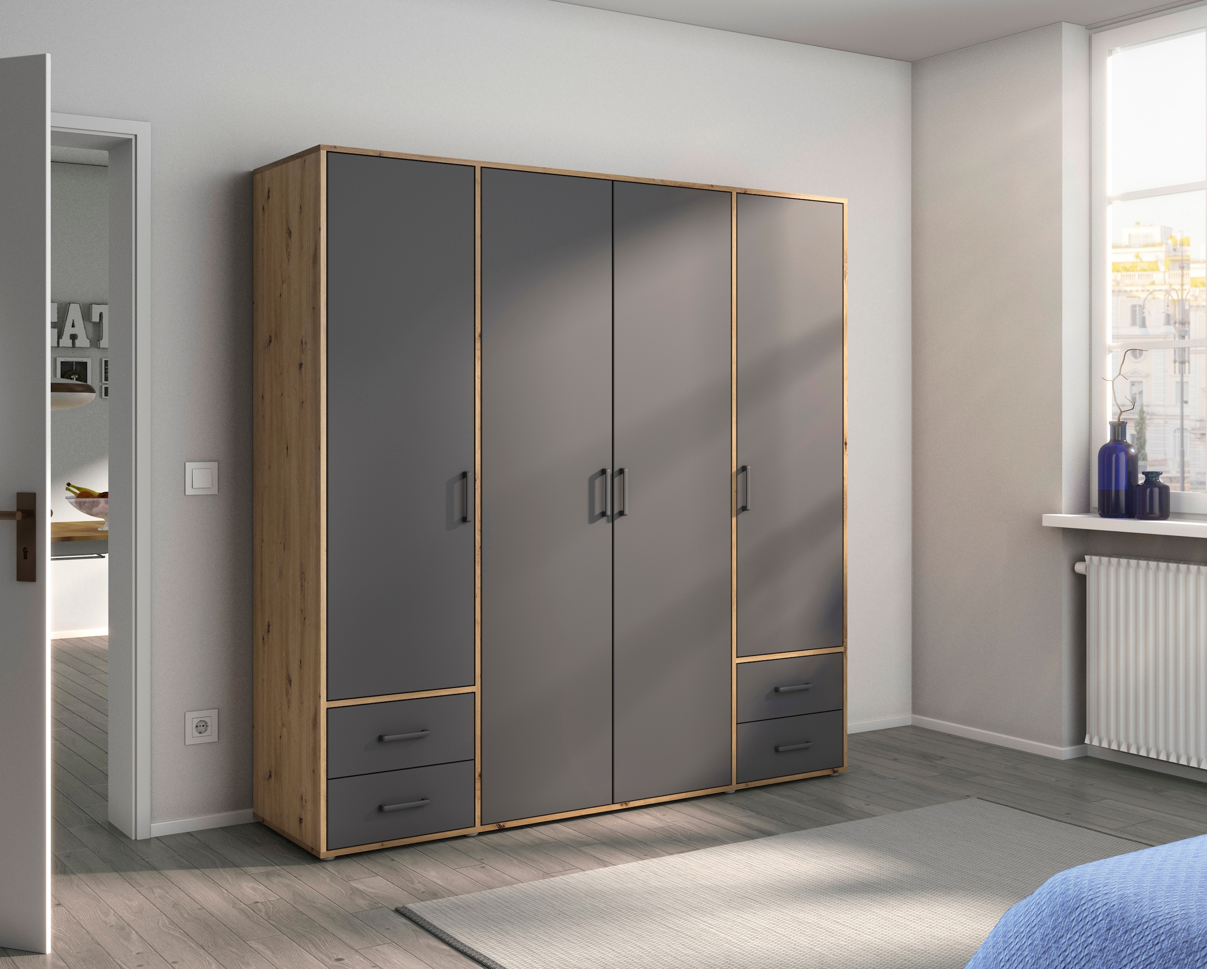 rauch Drehtürenschrank »Voyager, Kleiderschrank mit Außenschubkästen, Garderobe«, (in 3 verschiedenen Ausstattungen BASIC/CLASSIC/PREMIUM), Made in Germany