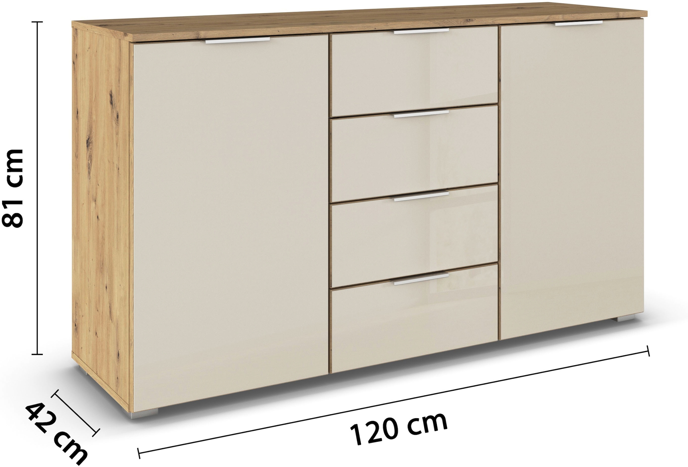 rauch Kombikommode »Sideboard Kombikommode Schubladenkommode AGORDO mit Glasfront«, (in zwei Griff-Farben, Breite 120 cm inkl. Soft-Close-Funktion), vier große Schubladen, mit insgesamt 4 Einlegeböden MADE IN GERMANY