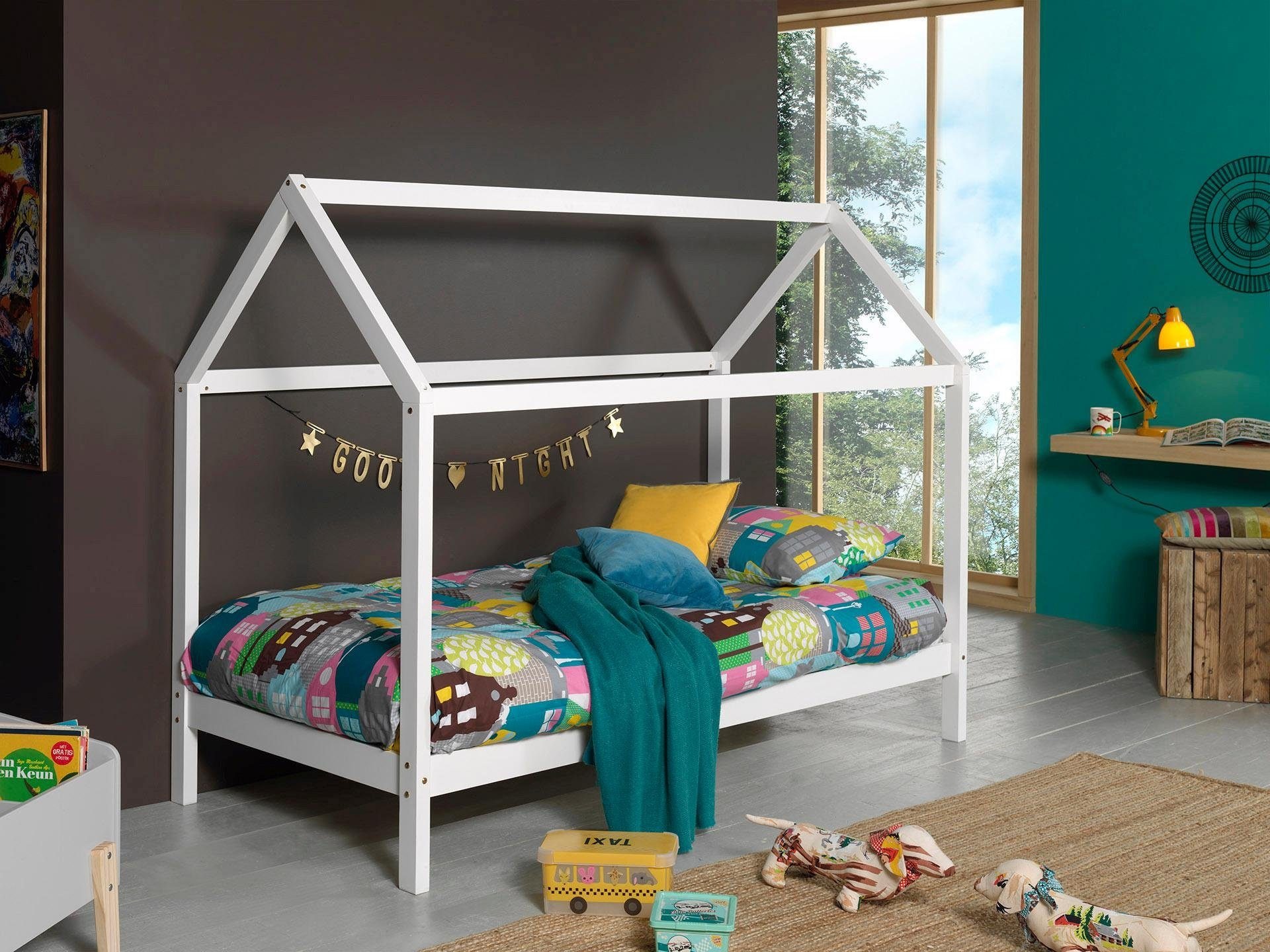 Vipack Hausbett »Dallas, Hausbett Kiefer Massiv, Stabil Gebaut, Mit Rolllattenrost« B/H/T Ca. 208x158, 5x98cm, Das Dach Lässt Sich Noch Hübsch