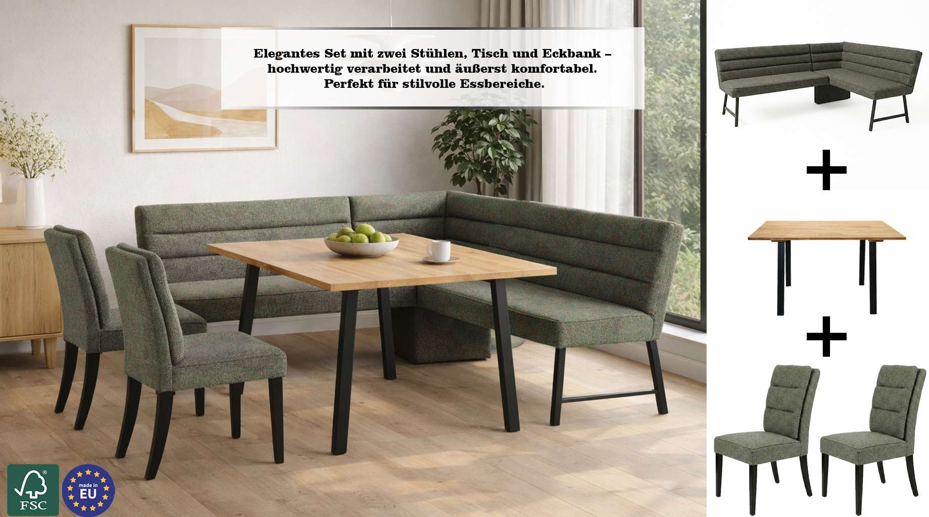 OTTO home Eckbankgruppe »Oregon Essecke, Sitzgruppe, Küchenbankgruppe« Set, 4er, 4 tlg. Eckbank mit Metallfüßen, Esstisch in Eiche massiv
