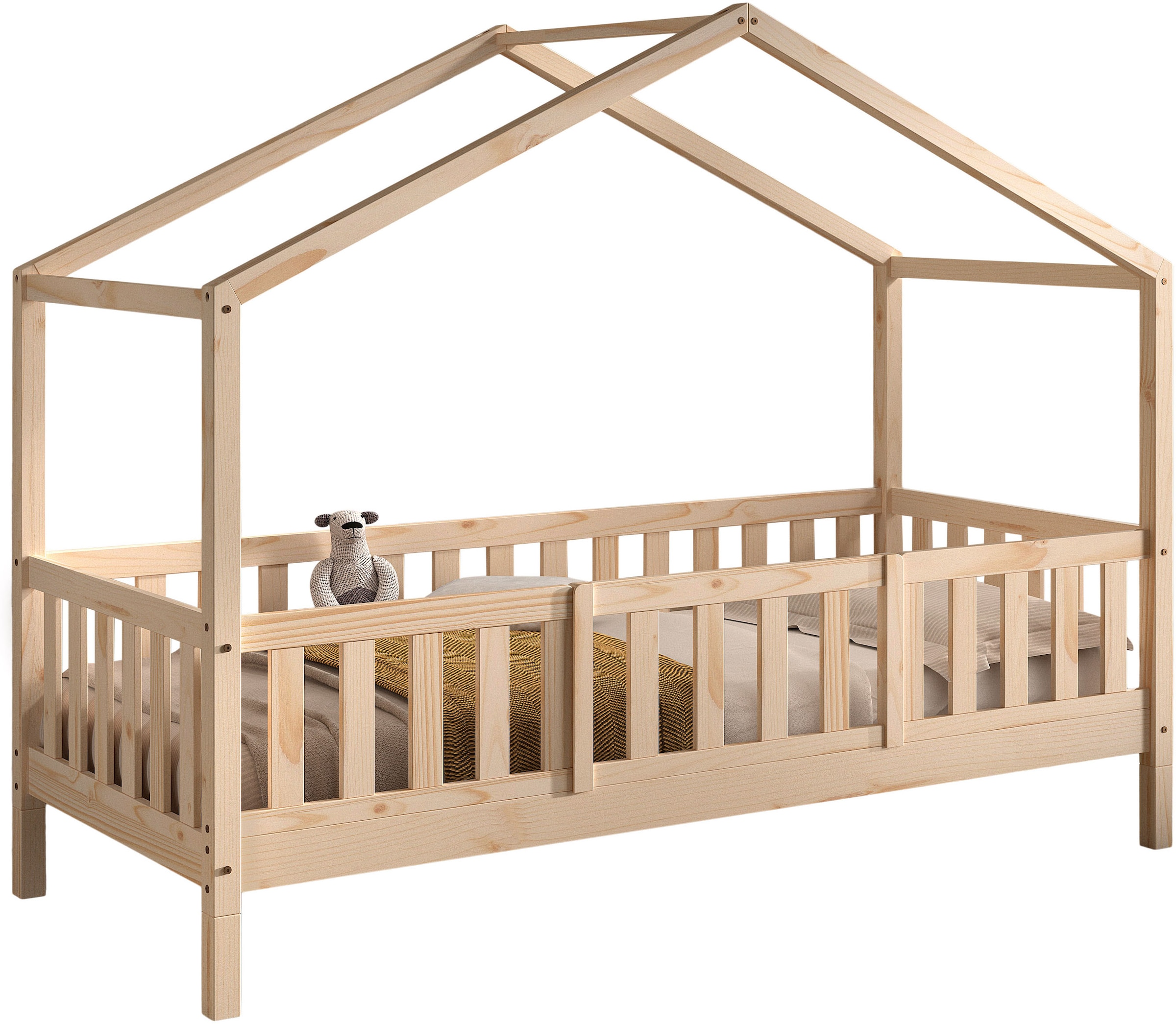 Vipack Hausbett »Dallas, Massivholzbett mit Dachaufbau umbaubar vom Boden- zum Daybett« inkl. Lattenrost, Rausfallschutz, Sprossen, 90 oder 140x200 cm breit,  stabil und standfest gebaut, wahlweise Kiefer massiv natur oder weiß