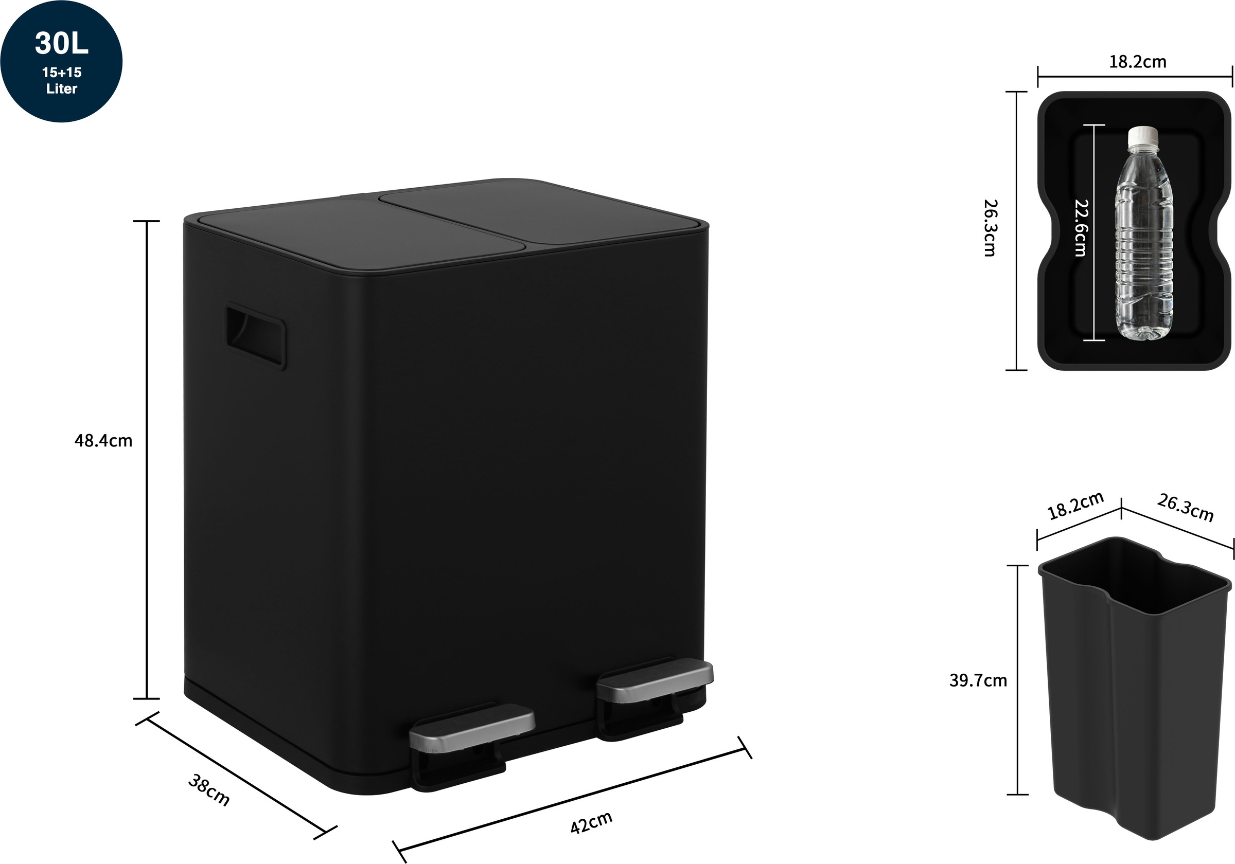 OTTO home Mülleimer »Garrin, Soft Close, m. 2 Fächern, Fassungsvermögen 2x15 L bzw. 2x30 L« 2 Behälter Mülltrennsystem mit 2 separaten Innenbehältern und Fußtrittpedalen