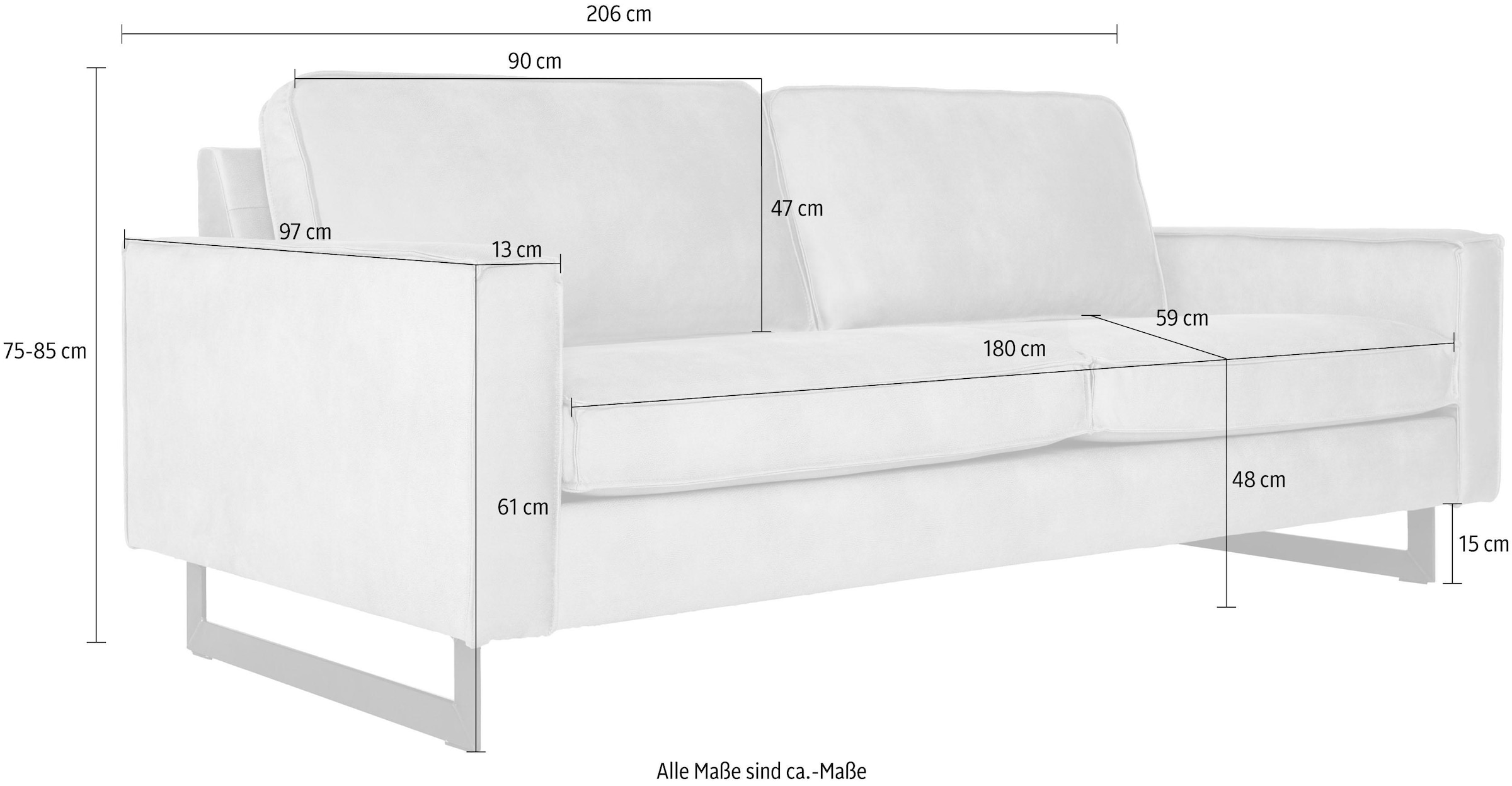 Places of Style 3-Sitzer »Pinto, 206 cm, Cord, Chenille, Lederoptik«, mit Keder, schwarze Metallfüße, Wellenunterfederung