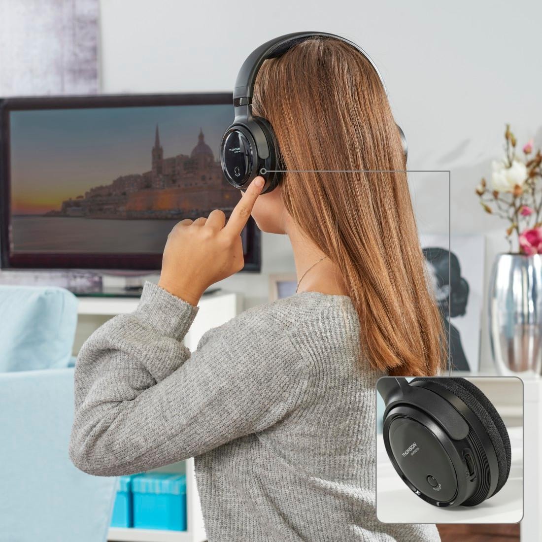 Thomson Funk-Kopfhörer »Kabelloser Funkkopfhörer mit Ladestation für TV, PC  oder Hi-Fi-Anlage«, Leichter Over Ear Kopfhörer, Lautstärkeregelung, große  Reichweite auf Raten bestellen