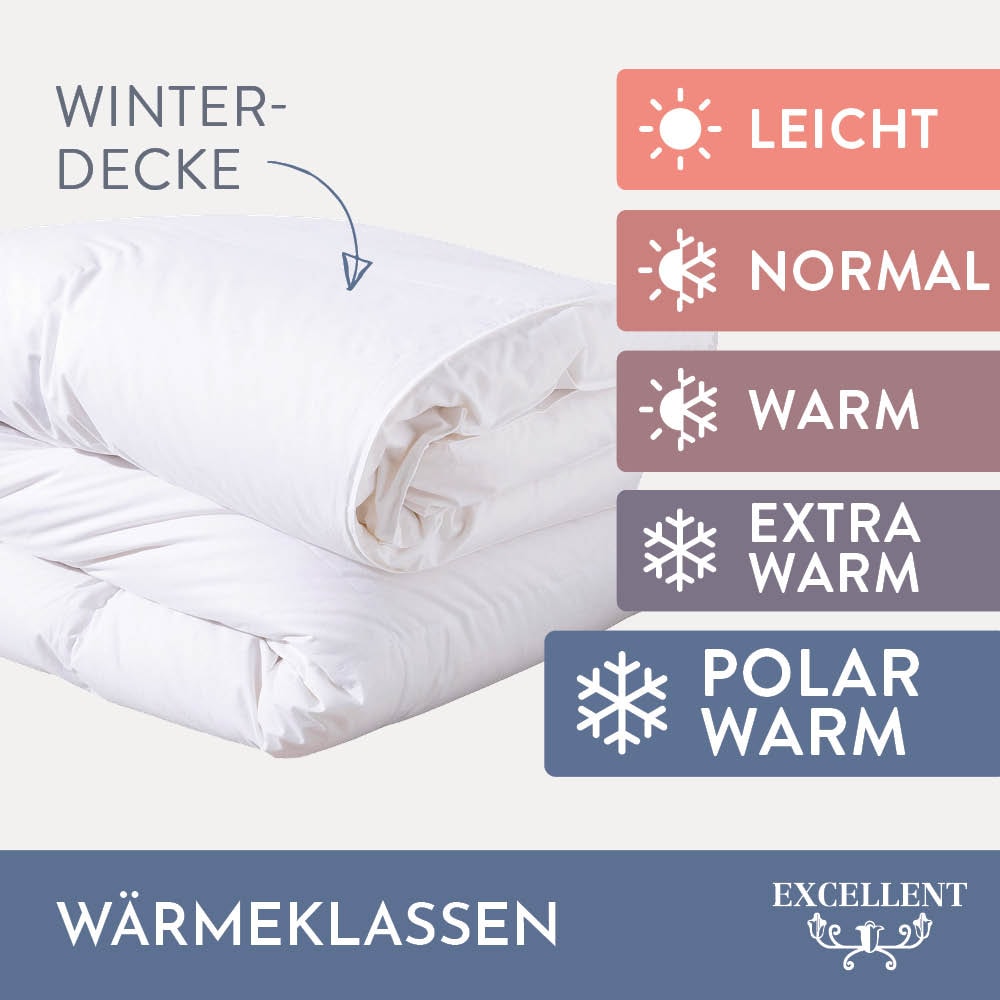 Excellent Daunenbettdecke »Zürich, Bettdecken für Sommer und Winter, Decke«, polarwarm, Füllung 100% Daunen, Bezug 100% Baumwolle, (1 St.), Bettdecke 135x200 cm, 155x220cm und weitere Größen, Made in Germany