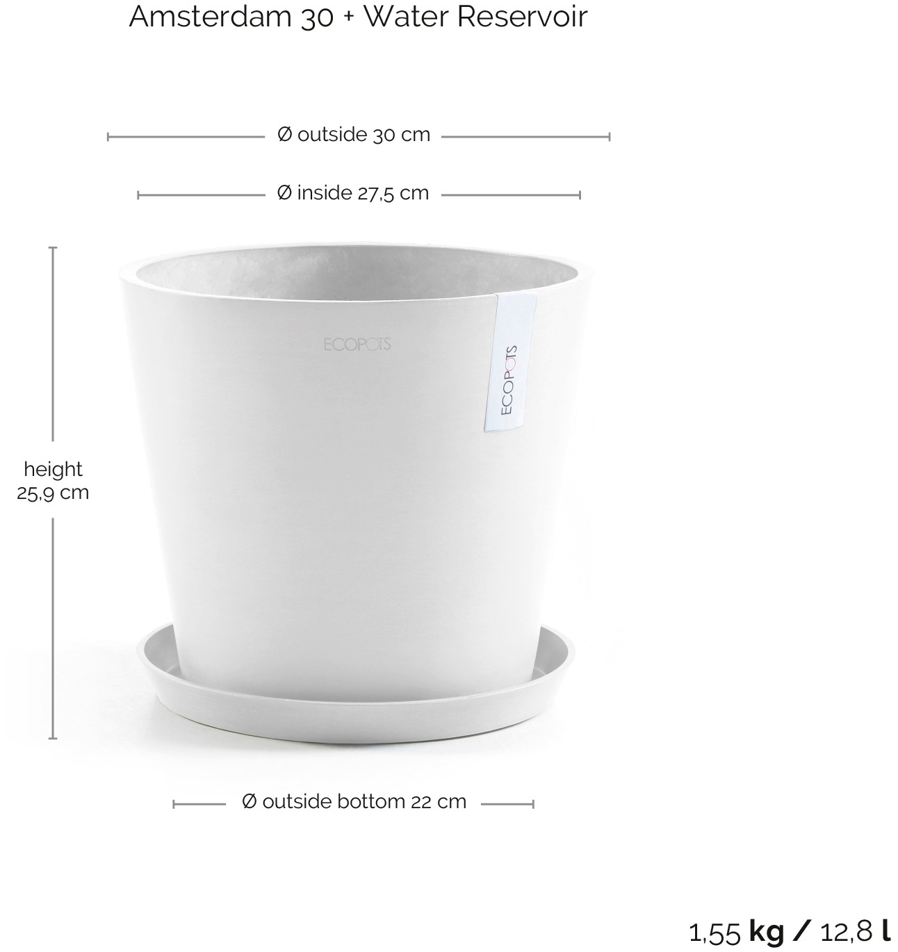 ECOPOTS Blumentopf »Amsterdam 30 + Wassersystem Weißgrau«, für innen und außen: frostsicher, bruchsicher und lichtbeständig