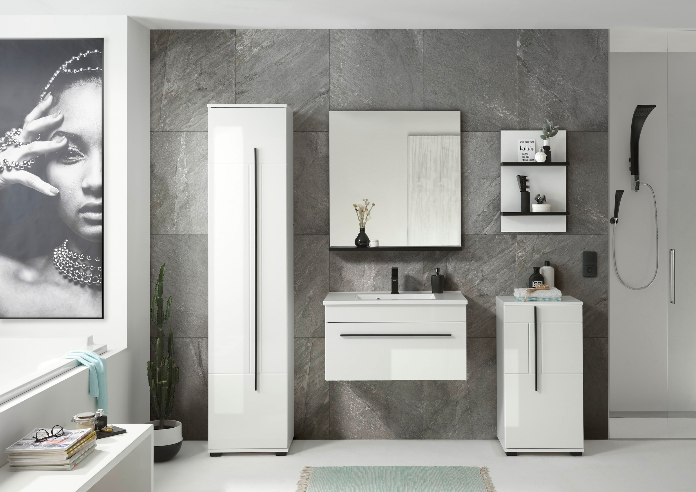 INOSIGN Hochschrank »Cantara, Badschrank in Hochglanz Weiß, Hochschrank im modernen Design«, mit schwarzen Griffen, ausreichend Stauraum