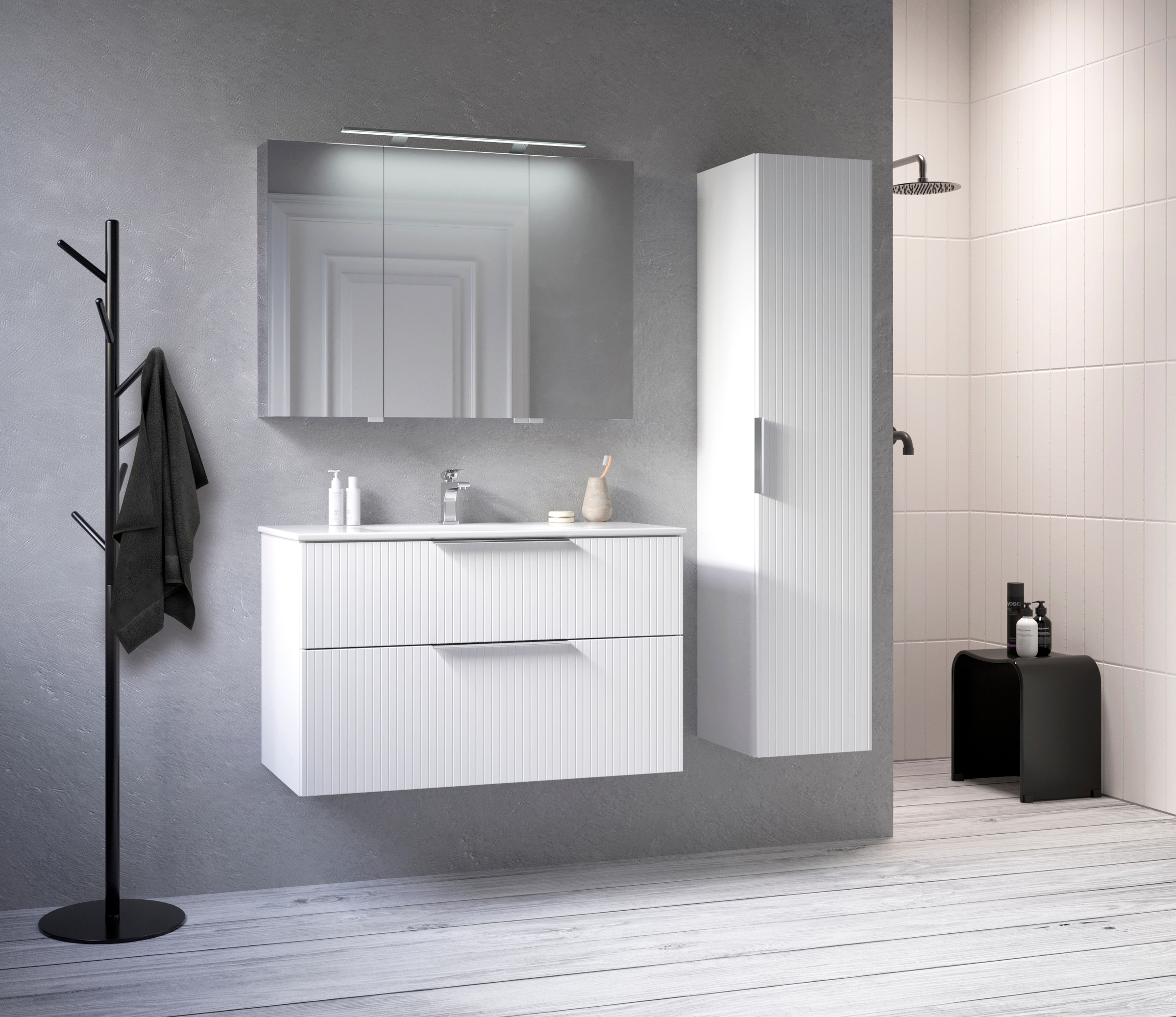 welltime Waschtisch »G-Line«, mit Keramik Waschbecken, Schubladen mit Softclose, trendig geriffelt