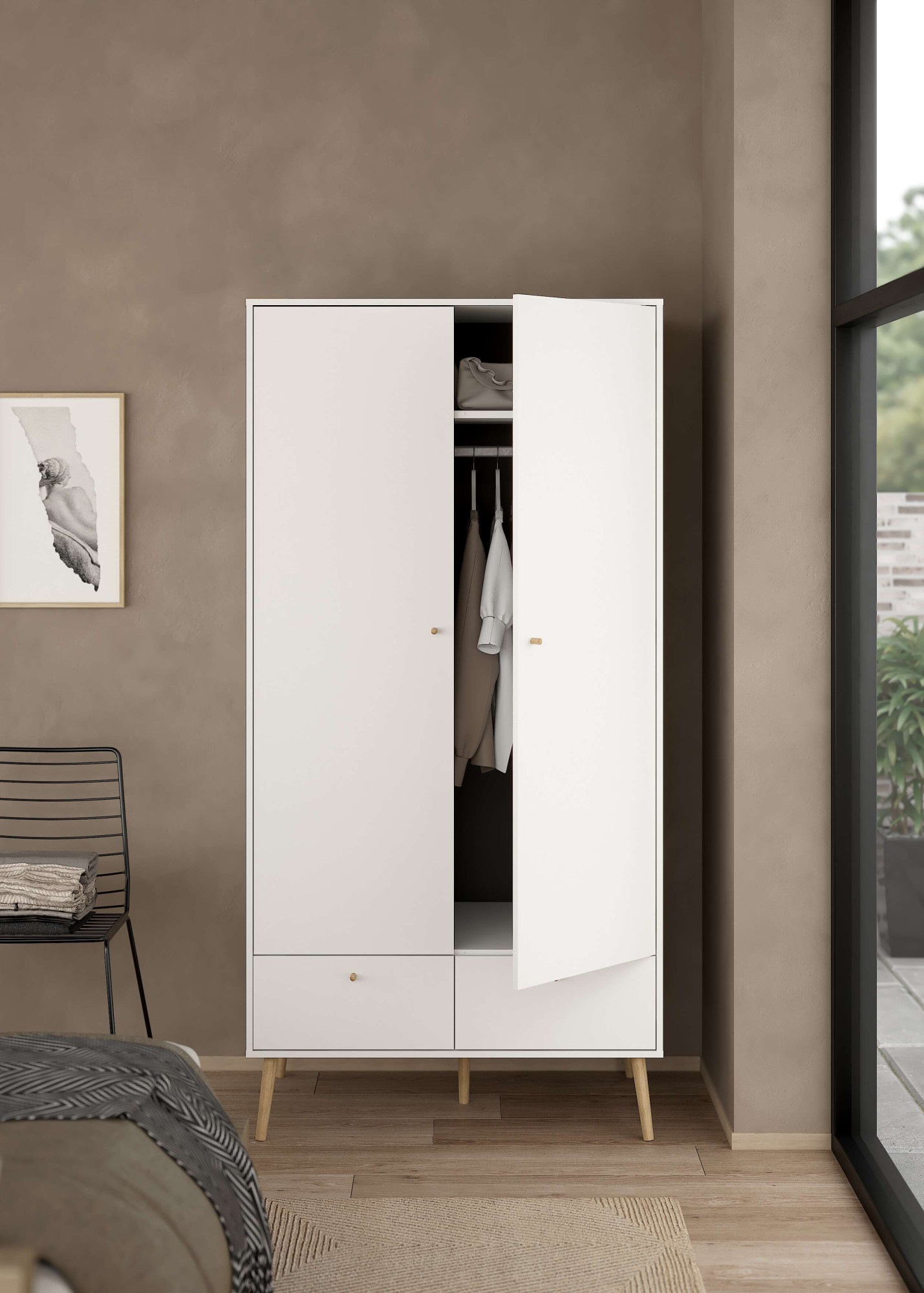 andas Kleiderschrank »Bodo, Drehtürenschrank, Aufbewahrung Kasten Schrank Stauraum«, 2 Türen, 2 Schubladen, Beine und Griffe Massivholz, Breite 99 cm