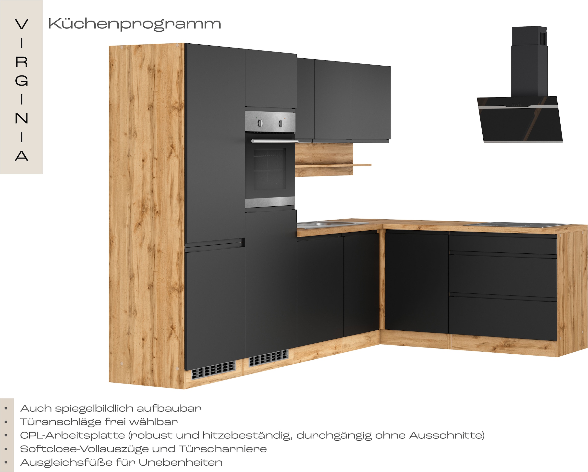 KOCHSTATION Winkelküche »KS-Virginia,neu in verbesserter Ausführung« Arbeitsplatte 38 mm stark, Stauraum, Softclose,  Stellbreite 290/180 cm, Soft-Close, ohne E-Geräte