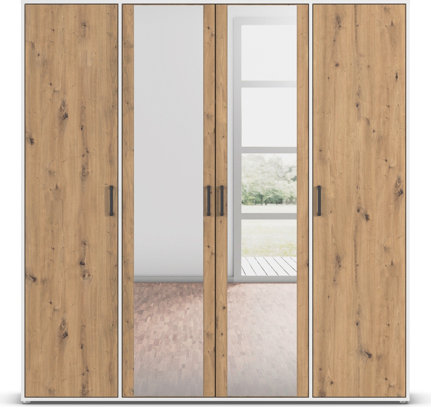 rauch Drehtürenschrank »Kleiderschrank Schrank Garderobe Wäscheschrank VOYAGER«, (in 3 verschiedenen Ausstattungen BASIC/CLASSIC/PREMIUM), mit modernen Griffen in Graumetallic und Spiegel