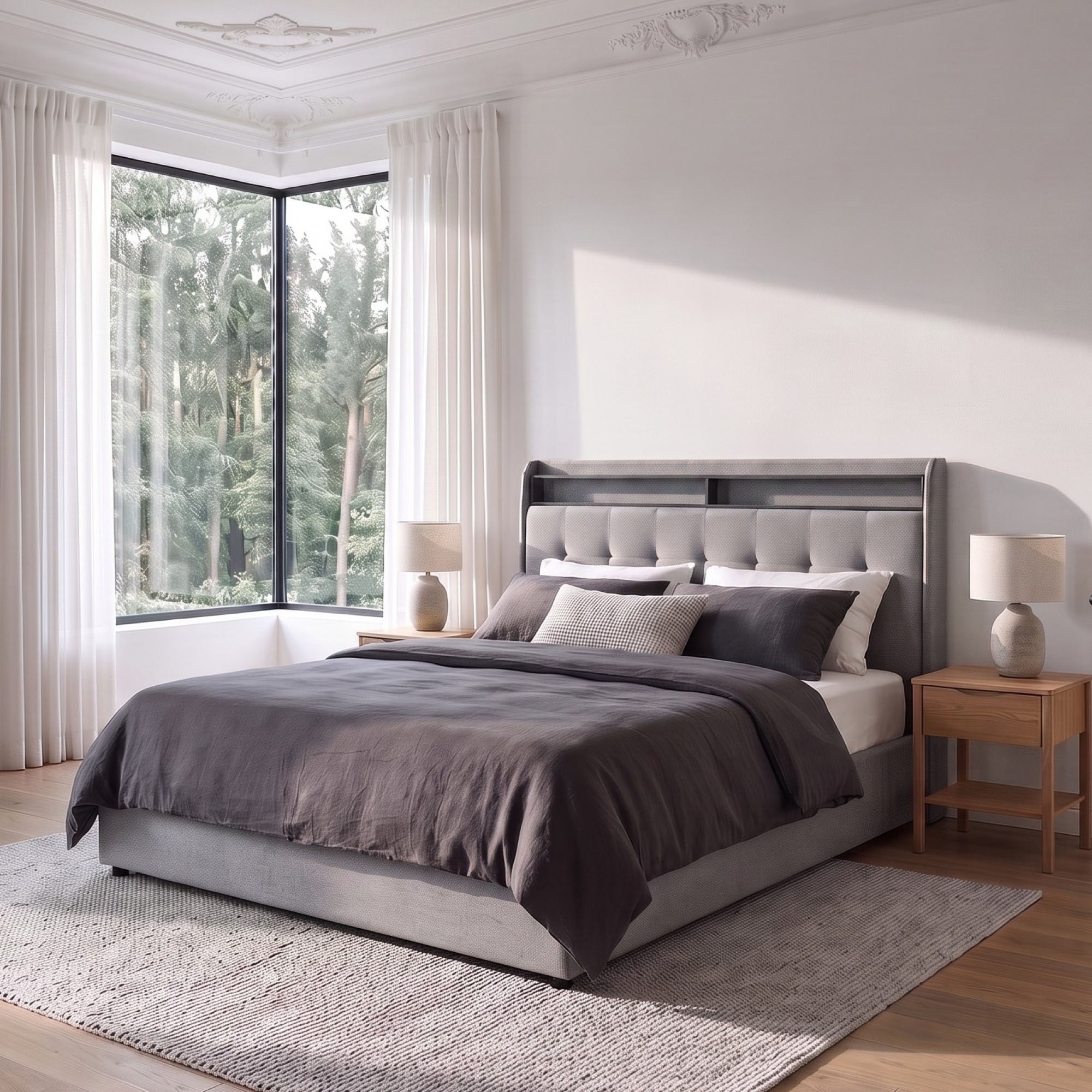 OTTO home Polsterbett »Hamar, beleuchtetes Regal, USB/ USB-C, bis 250 KG belastbar« LED-Licht und USB und USB-C Ladegerät im Kopfteil, Knopfsteppung
