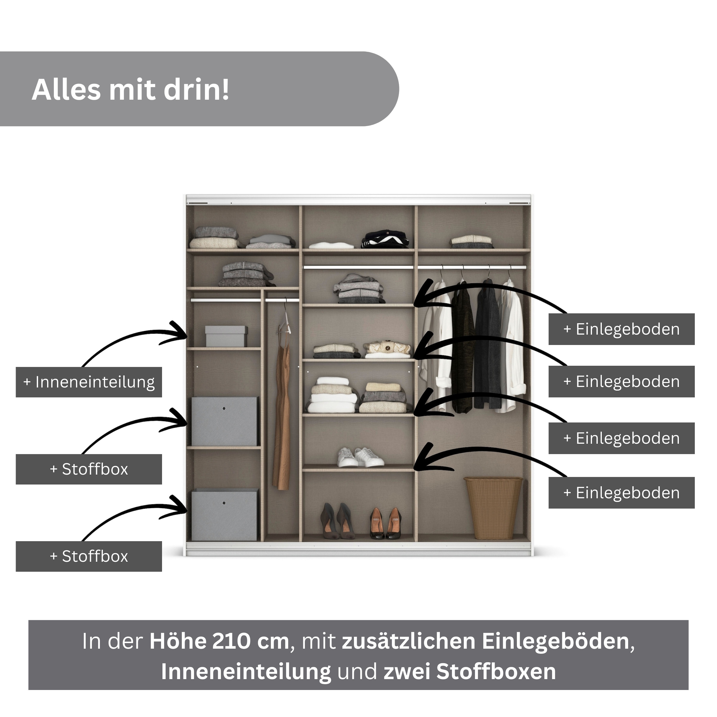 rauch Schwebetürenschrank »Kleiderschrank Schrank Garderobe CORTONA mit Passepartout«, und optionaler Beleuchtung inkl. Inneneinteilung 2 Boxen und Böden