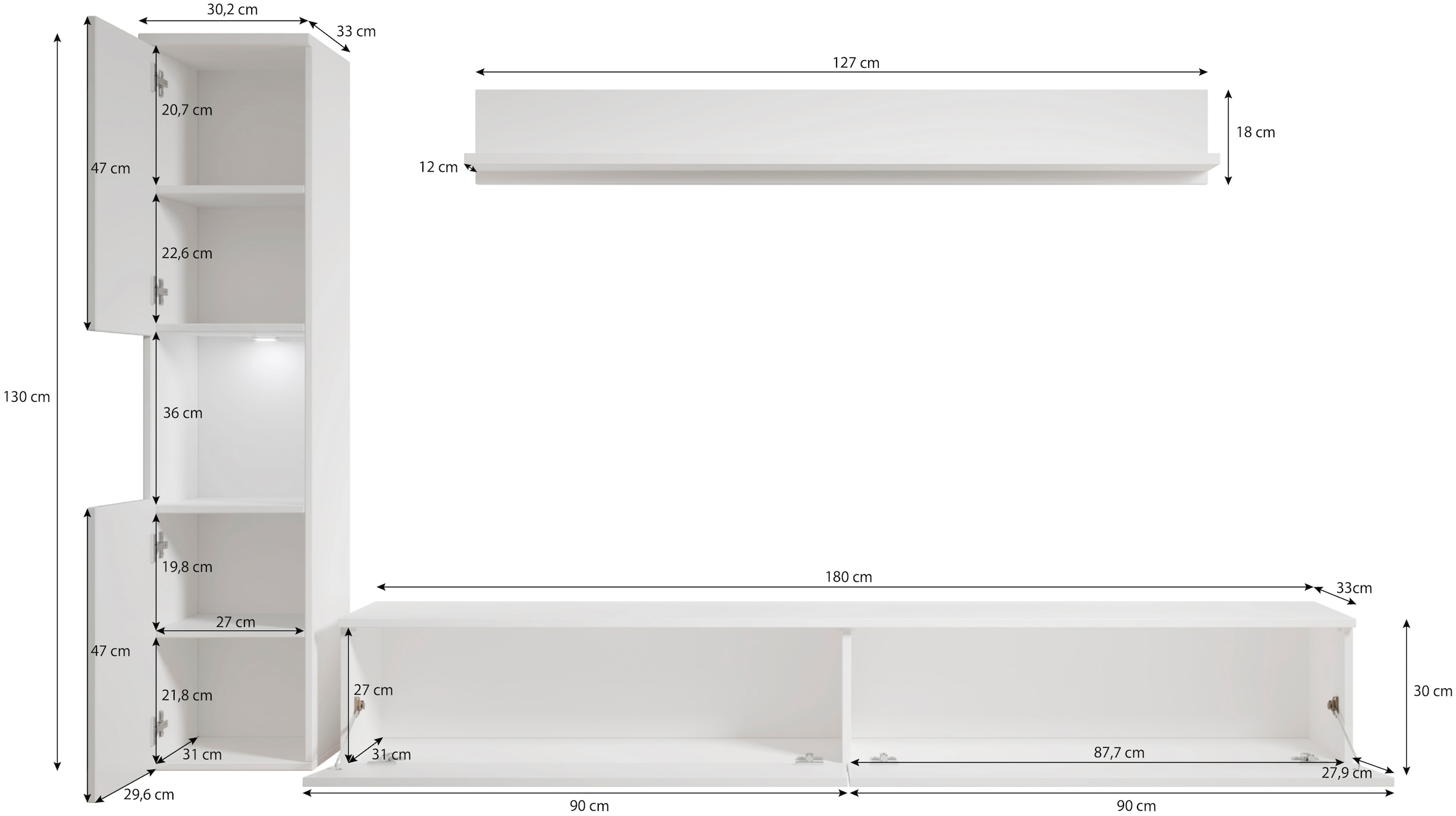 INOSIGN Wohnwand »PARIS«, (Komplett-Set, 3 St.), TV-Wand 220cm breite, grifflose Design, stehend und hängend montierbar