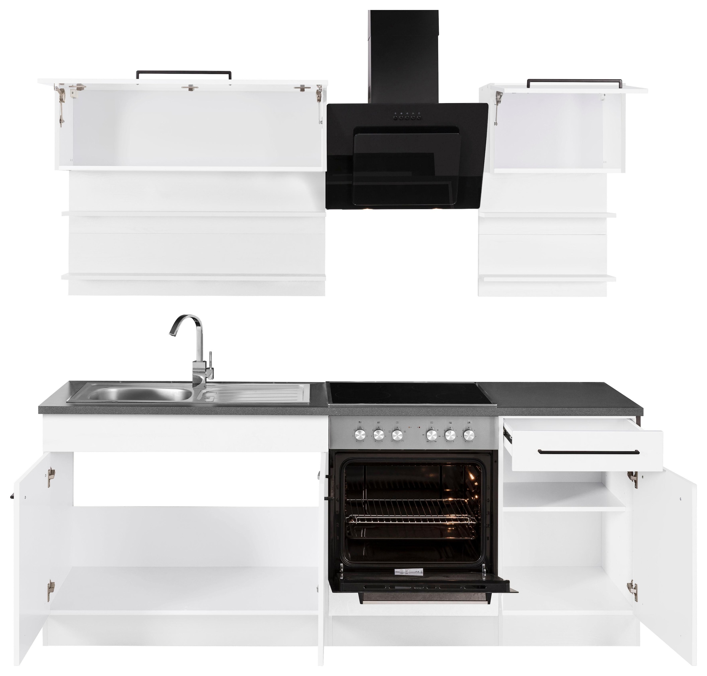KOCHSTATION Küchenzeile »KS-Tulsa«, mit E-Geräten, Breite 210 cm, schwarze Metallgriffe, MDF Fronten