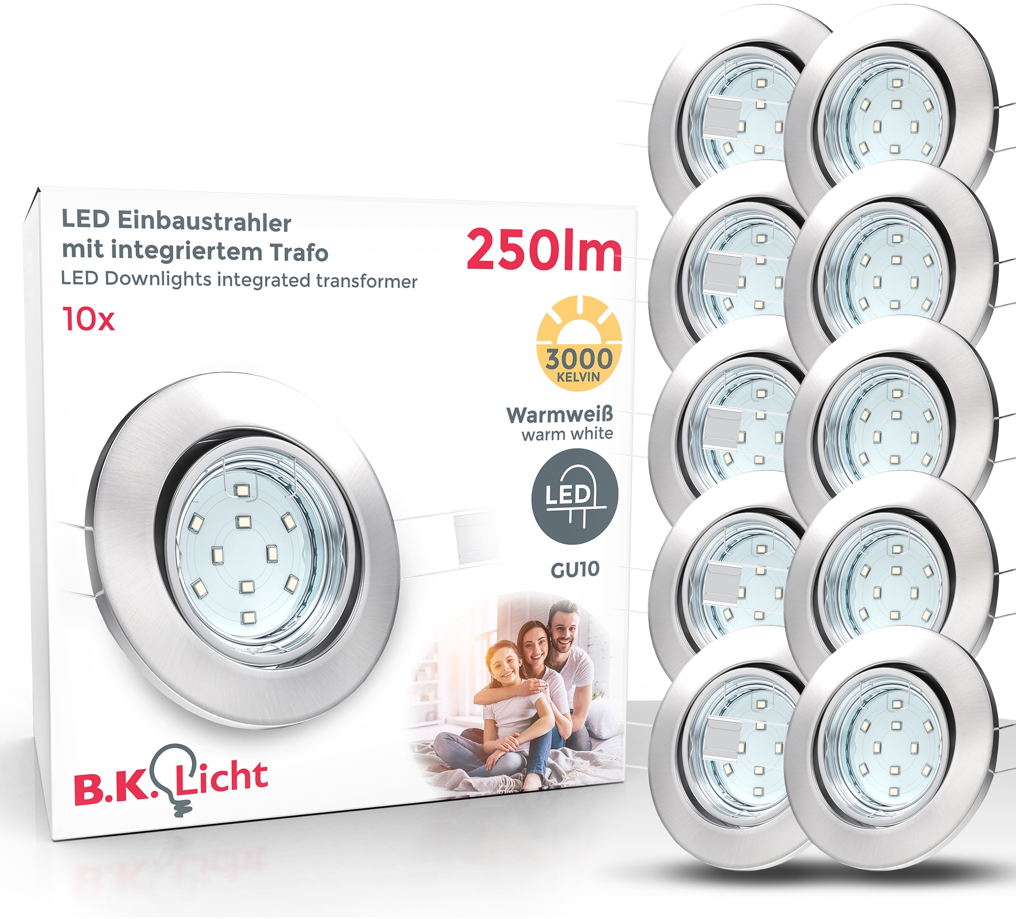 LED Einbaustrahler, 10er-Set, Schutzart IP23, inklusive LED-Leuchtmittel GU10