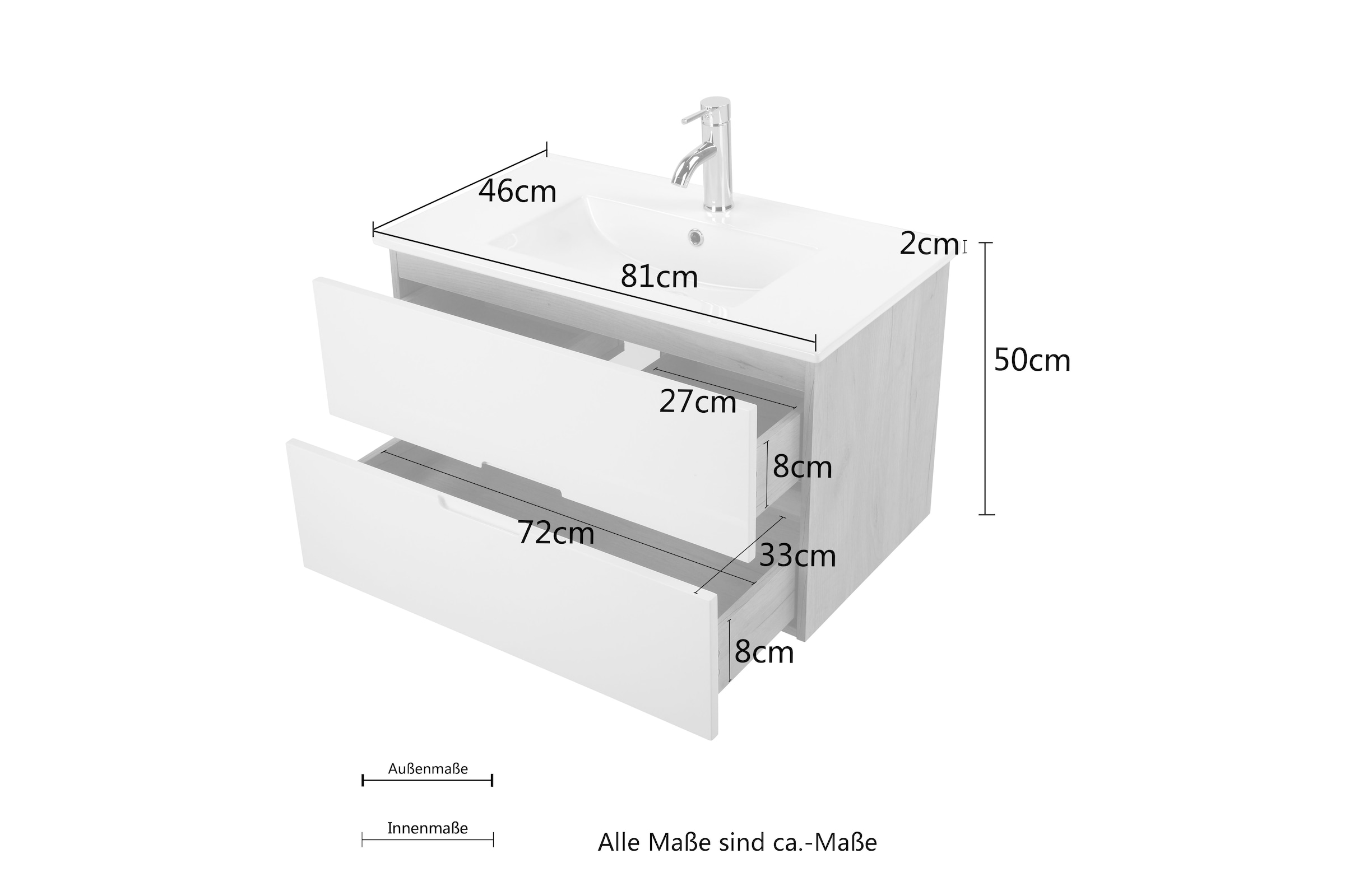 andas Badmöbel-Set »Lund Badmöbel Set Badschrank Badezimmerset«, (Komplett-Set, 3 St.), Waschtisch, Spiegelschrank und Becken Breite 80cm