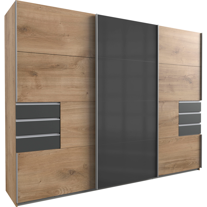 WIMEX Schwebetürenschrank »Saigon, Kleiderschrank mit Schiebetür« mit Glaselementen, 3 Türen, 270cm breit plankeneiche/Glas Graphit/Griffe alu