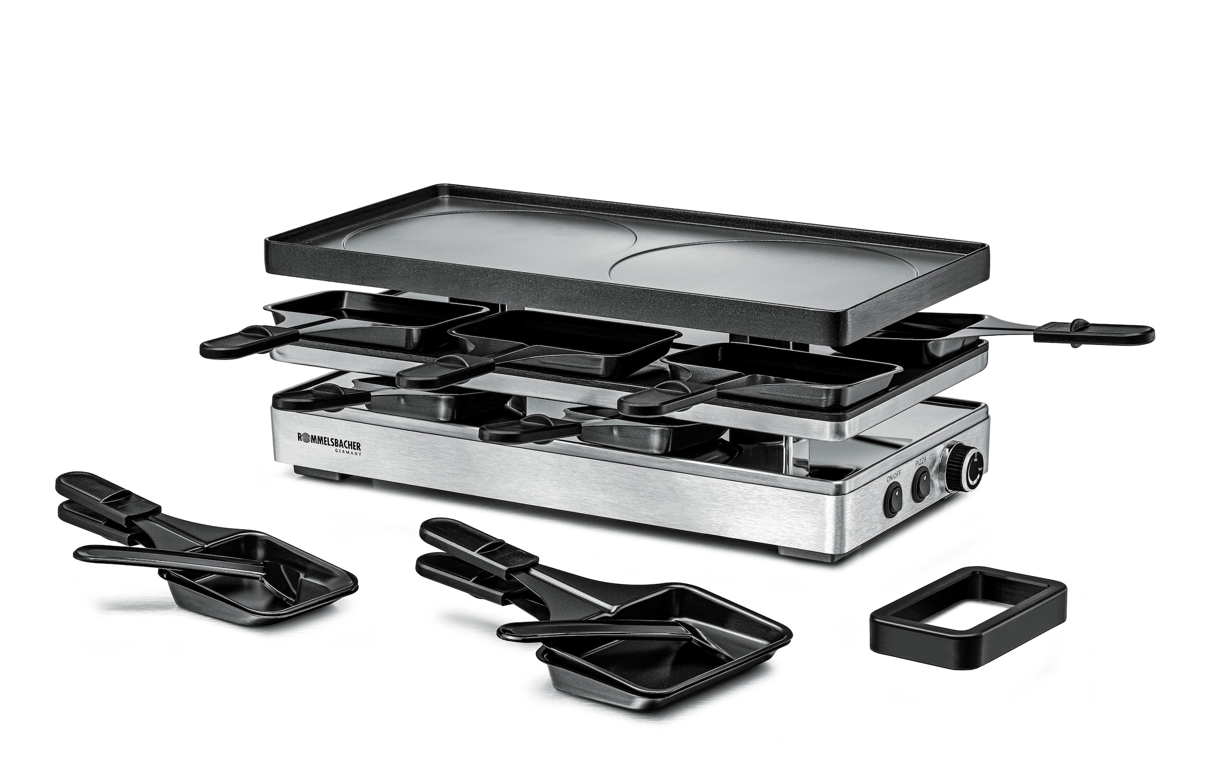 Rommelsbacher Raclette »RCP 1800« 14 Stk. Raclettepfännchen 1.800 W Pizza-Ebene mit zusätzlicher Heizung für knusprigen Teigboden